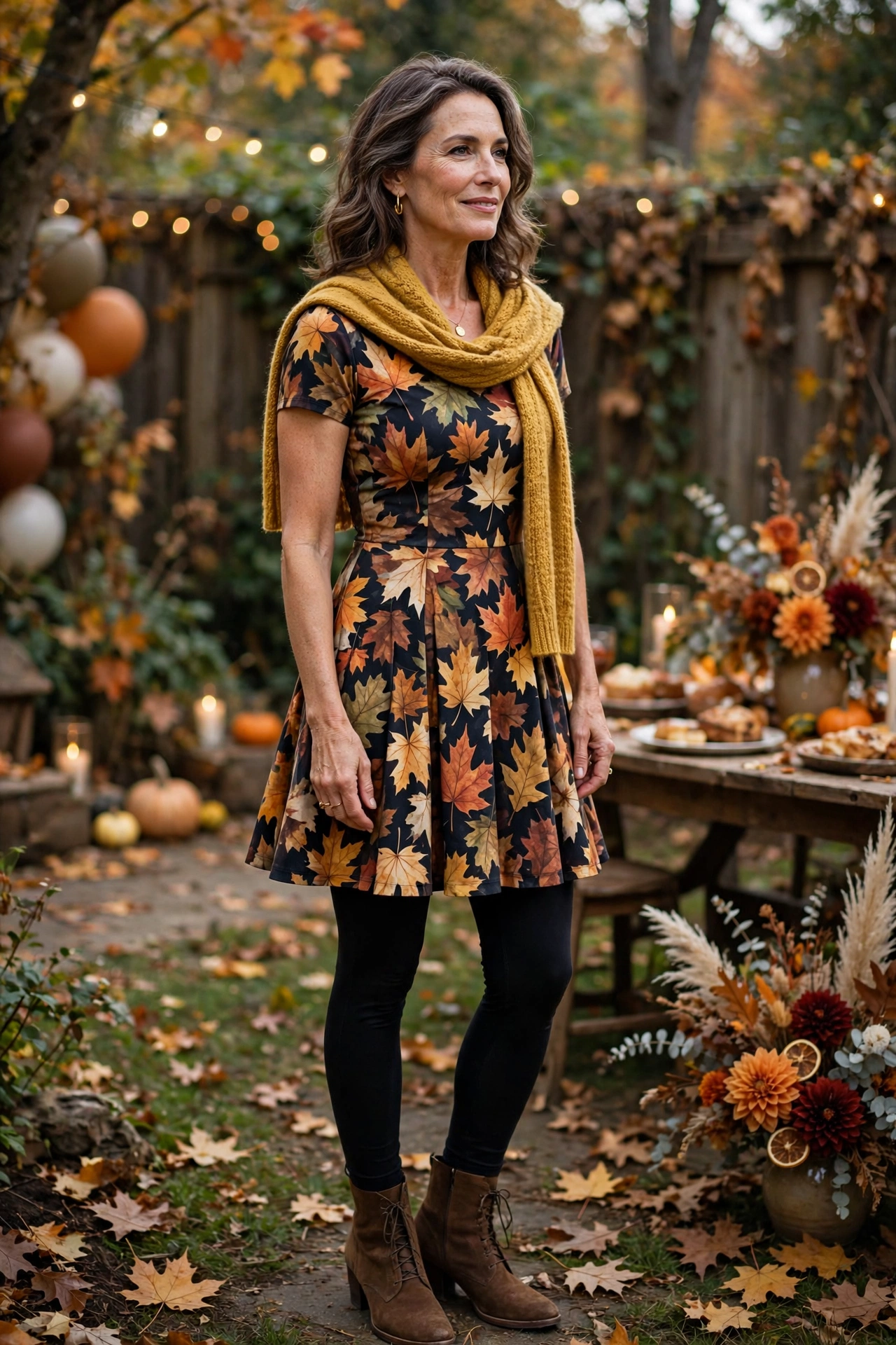 Woman in her 50s in an autumn skater dress with leggings and ankle boots at a fall party
