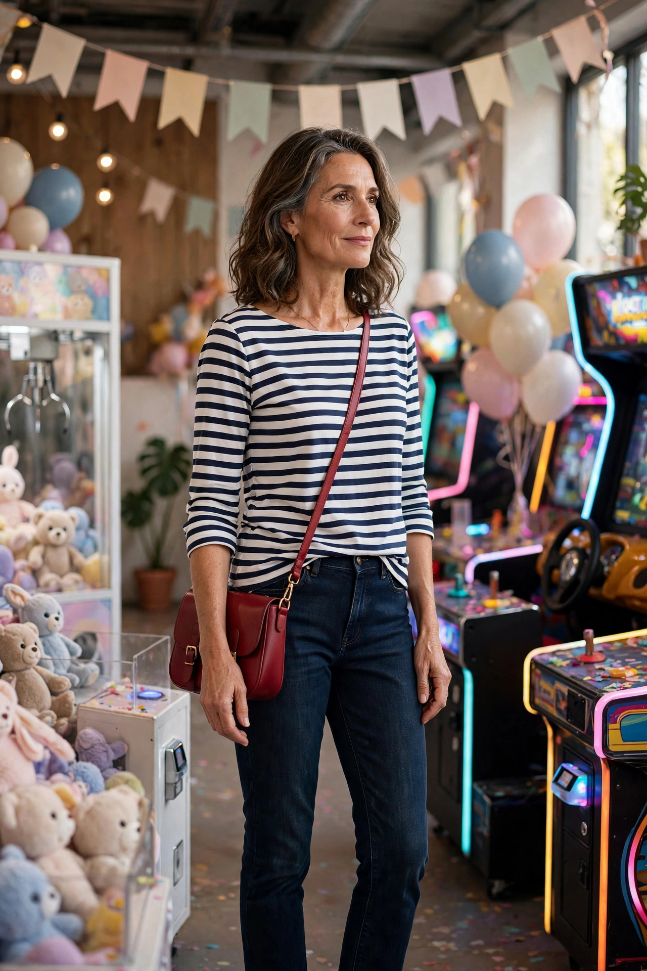 Woman in her 50s in a Breton stripe top, dark jeans and canvas sneakers at an arcade party