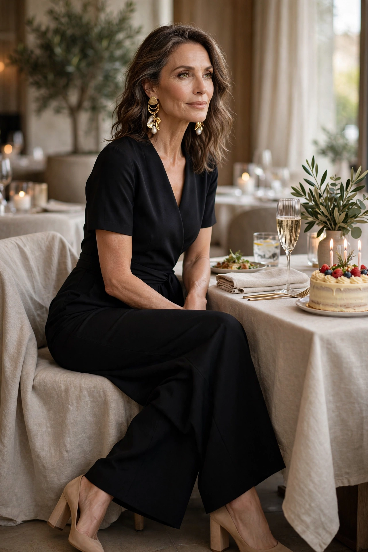 Woman in her 50s in a black wide-leg jumpsuit with block heels at a restaurant birthday dinner