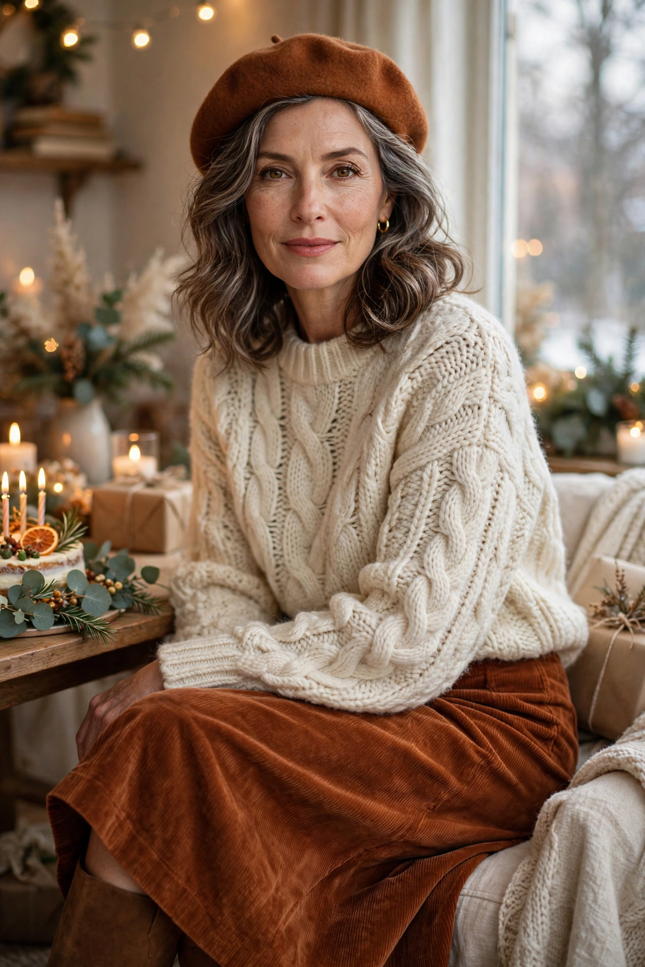 Woman in her 50s in a chunky cream knit, rust corduroy skirt and knee boots at a winter party