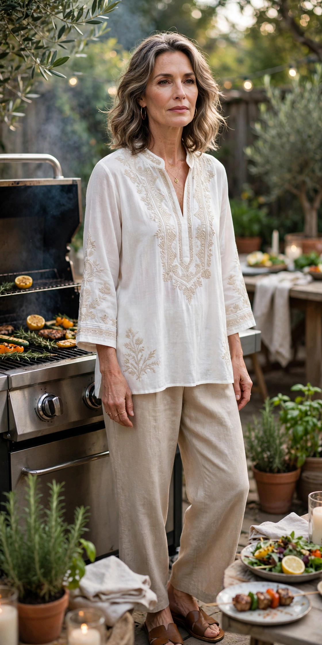 Woman in her 50s in a white embroidered tunic and linen wide-leg pants at a backyard BBQ party