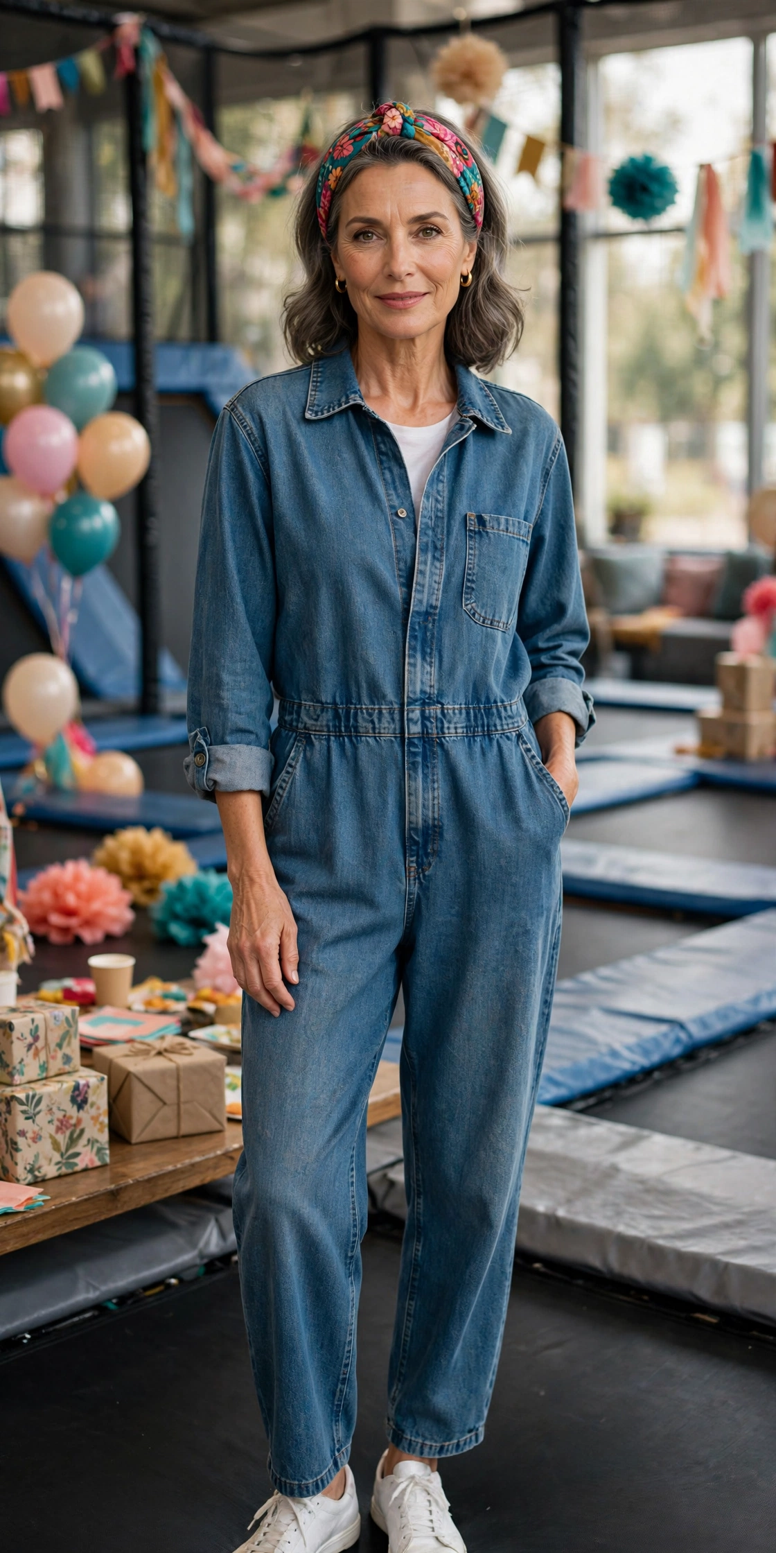 Woman in her 50s in a relaxed denim jumpsuit and white sneakers at a trampoline park party