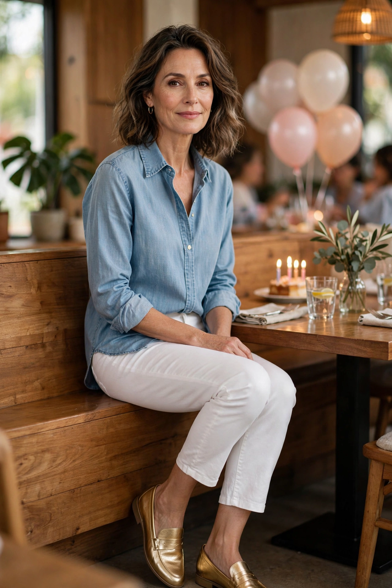 Woman in her 50s in a chambray shirt, white cropped pants and metallic loafers at a restaurant