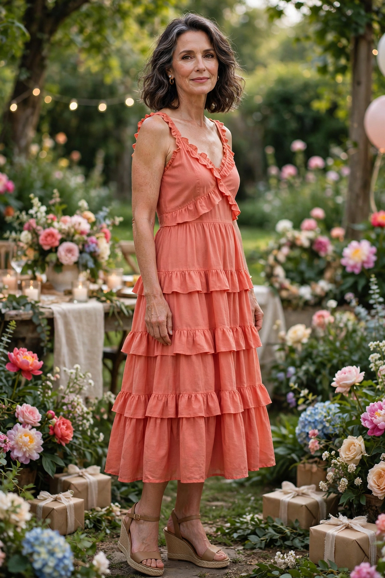 Woman in her 50s in a coral tiered sundress and low wedges at a garden birthday party