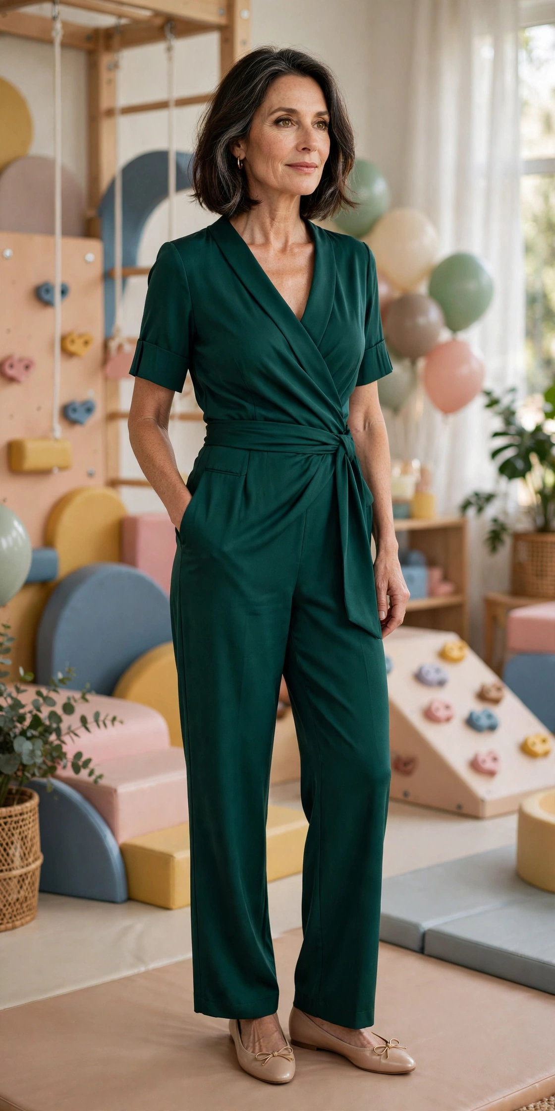 Woman in her 50s in an emerald wrap-front jumpsuit at an indoor play gym birthday party