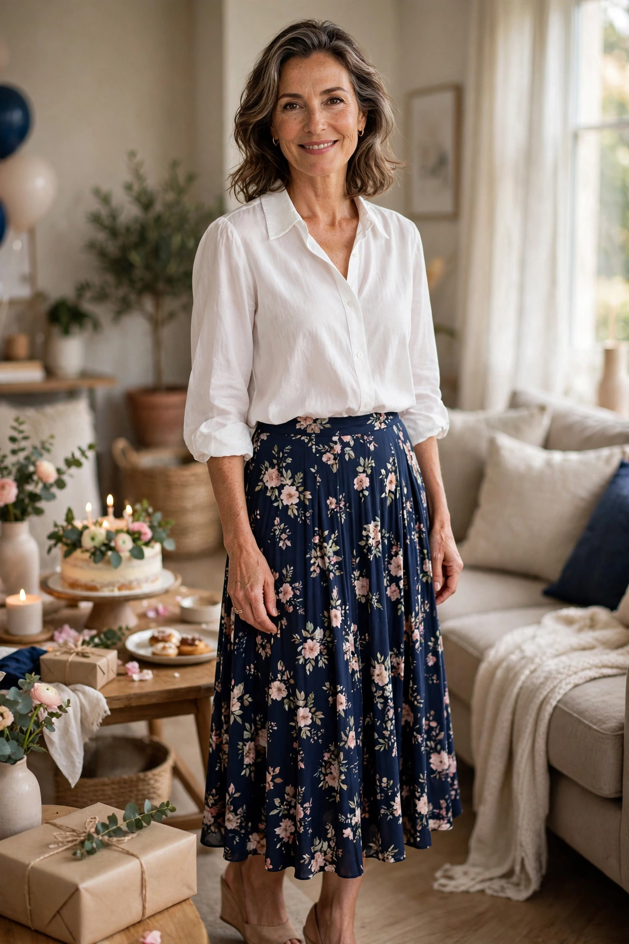Woman in her 50s in a white blouse and navy floral midi skirt hosting a home birthday party