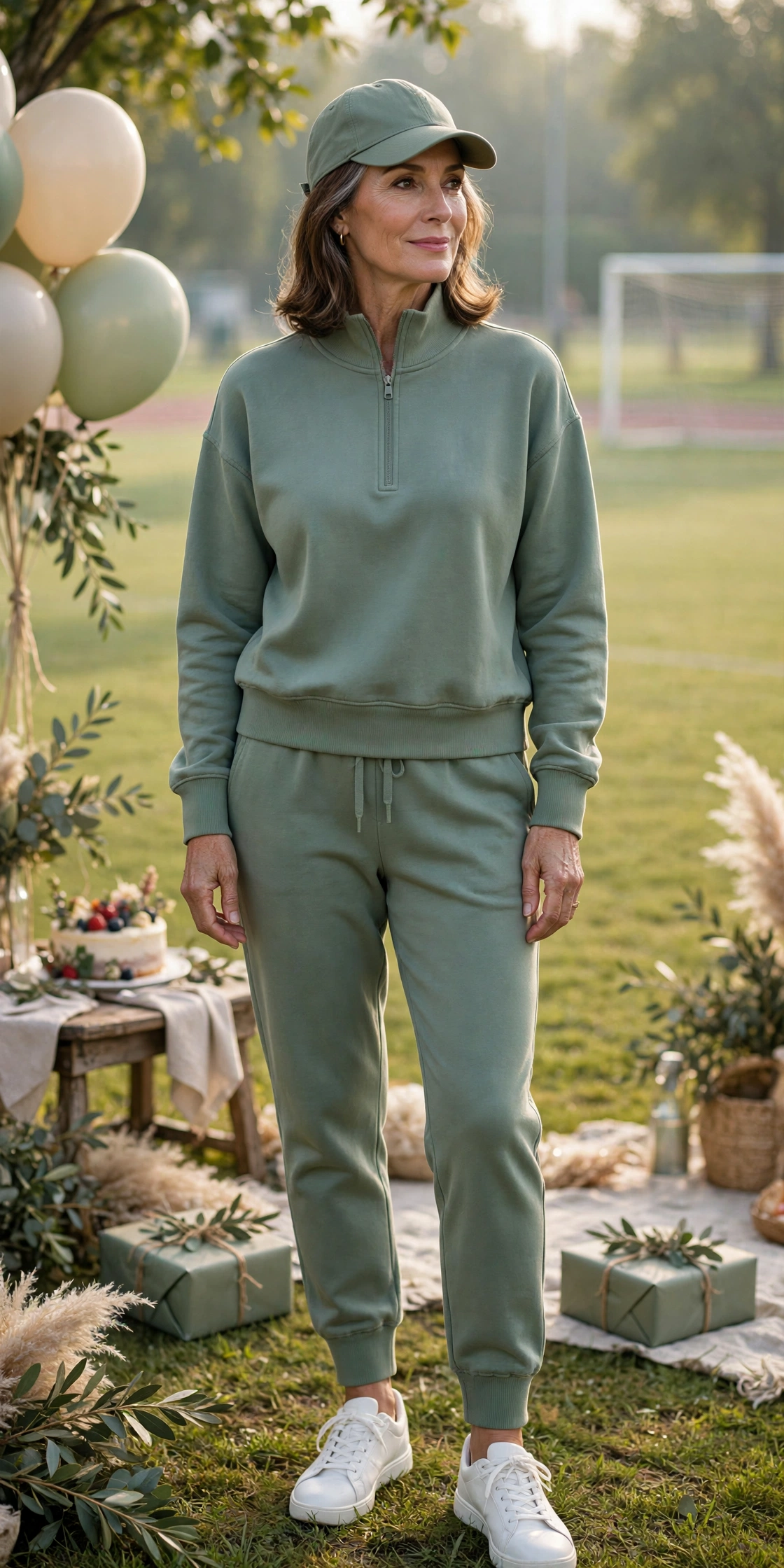 Woman in her 50s in a sage athleisure set, sneakers and cap at a sports field birthday party