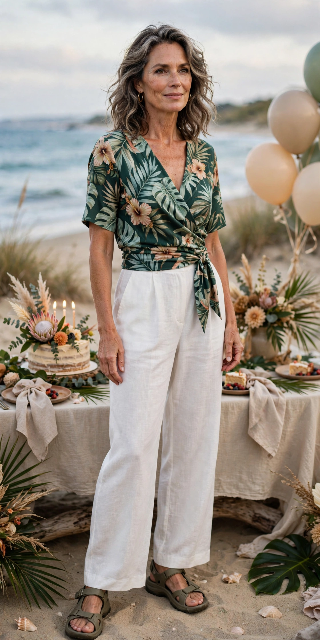 Woman in her 50s in a tropical wrap top and white linen pants at a beach birthday party