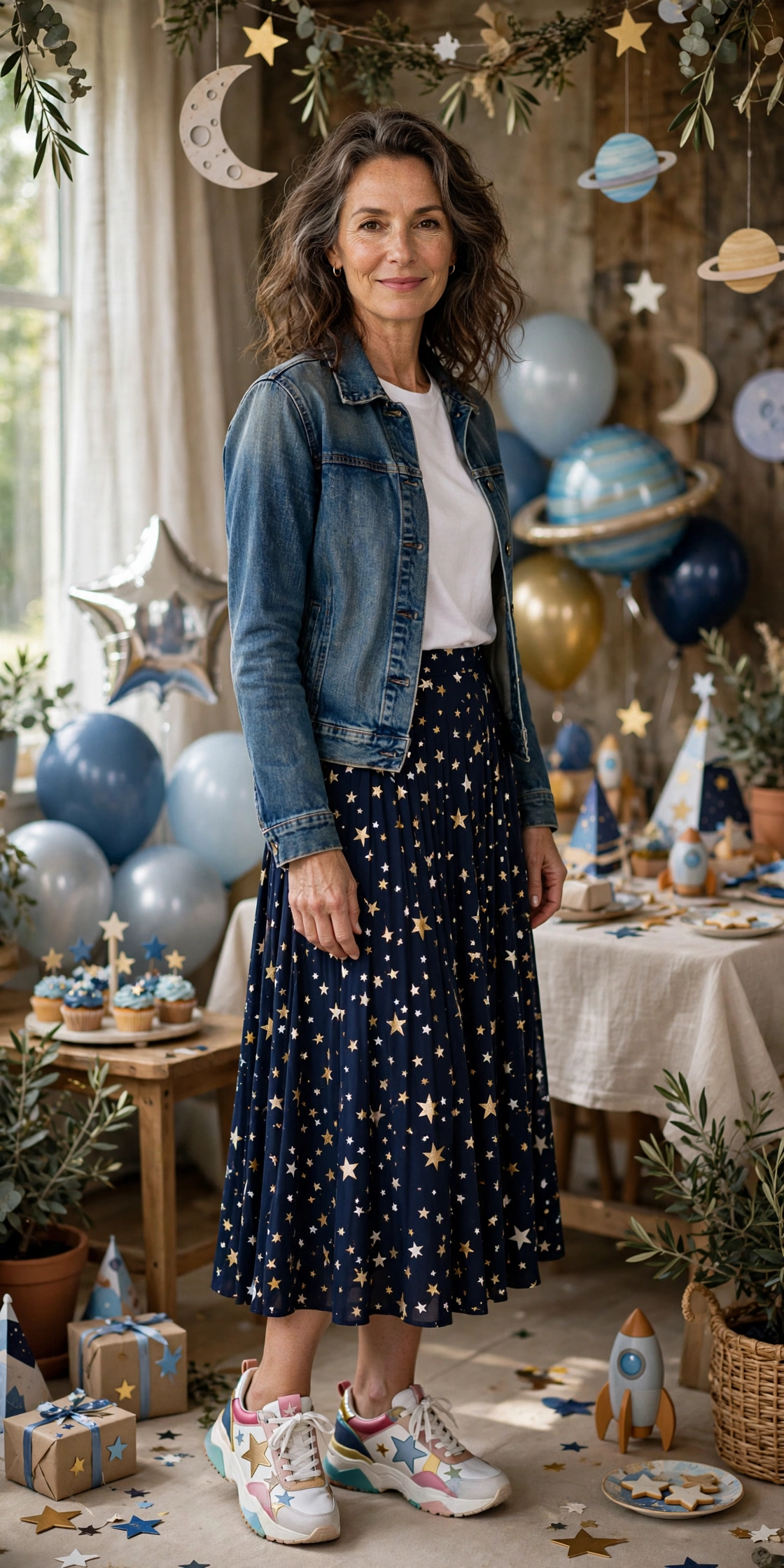 Woman in her 50s in a star-print midi skirt, white tee and denim jacket at a theme birthday party