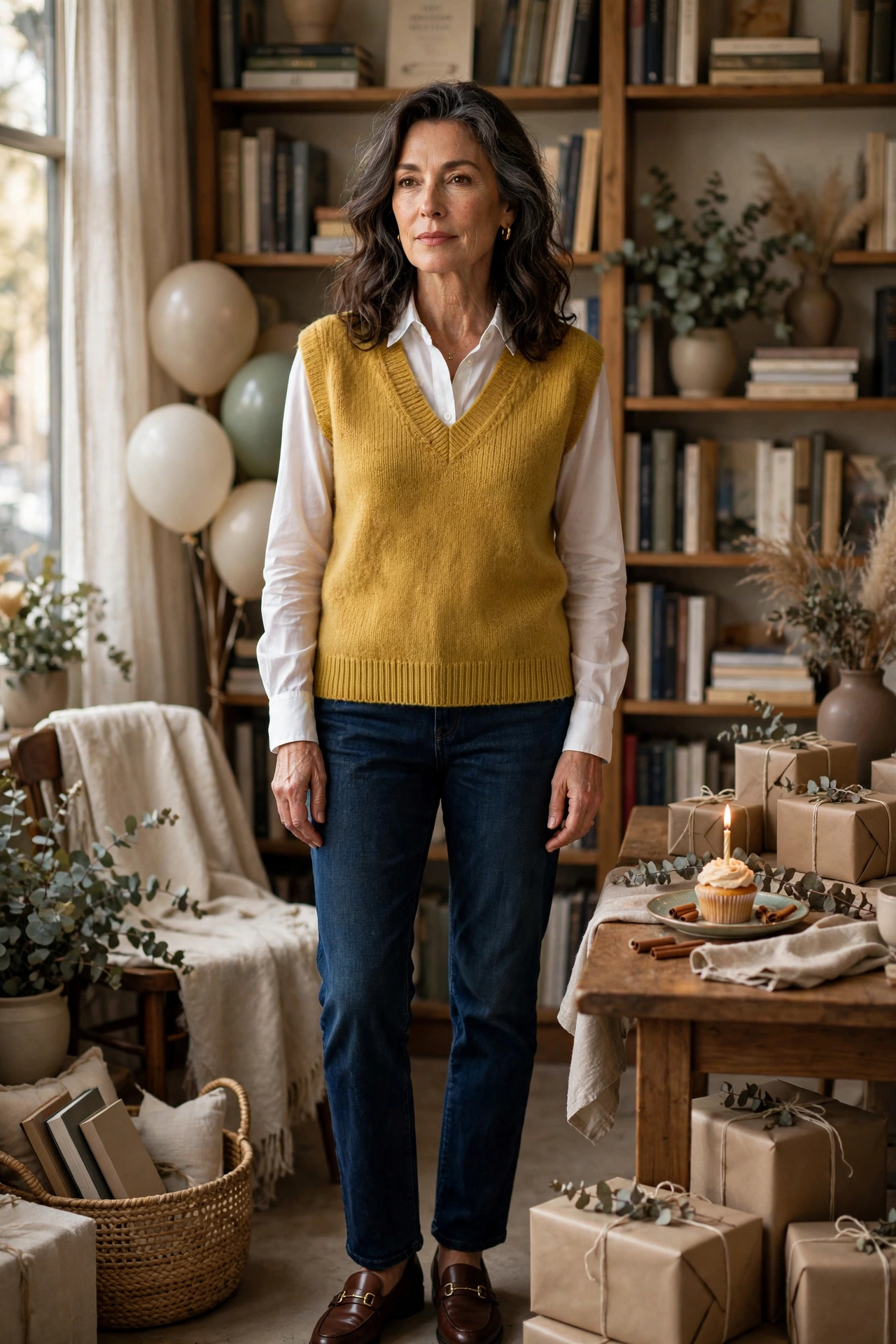 Woman in her 50s in a mustard sweater vest over a button-down at a bookstore birthday party