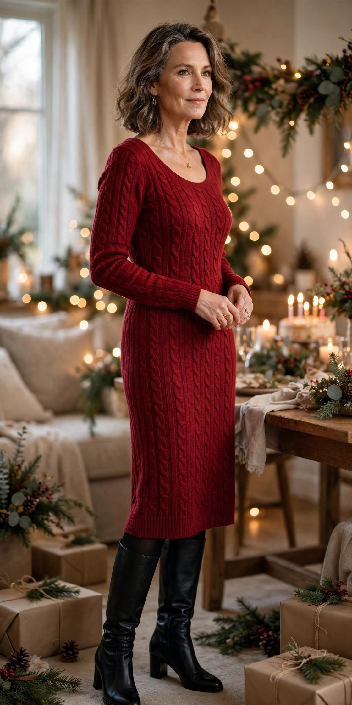 Woman in her 50s in a deep-red knit midi dress, tights and knee boots at a holiday birthday party
