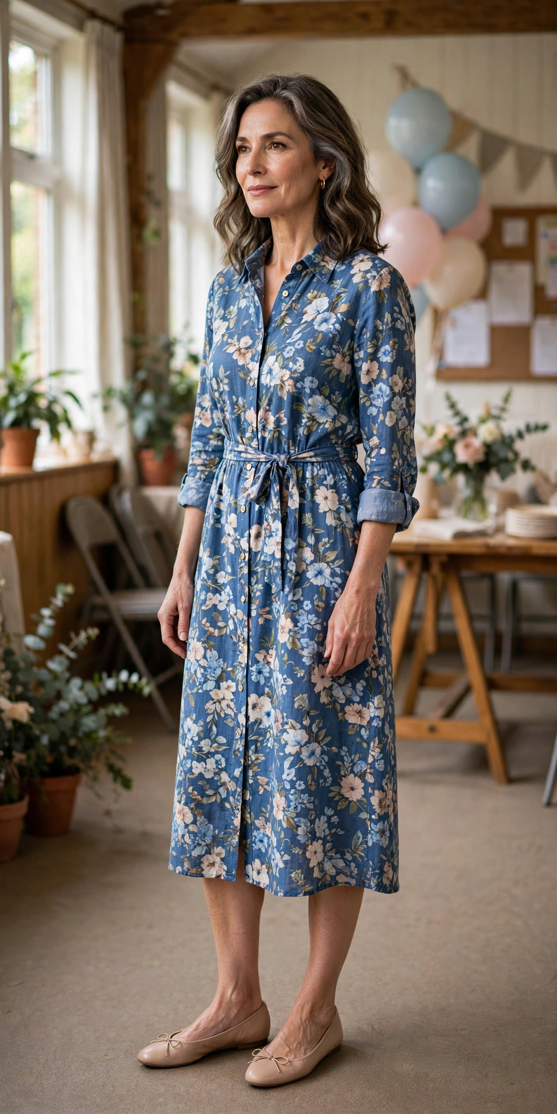 Woman in her 50s in a blue floral shirtdress and ballet flats at a community hall birthday party