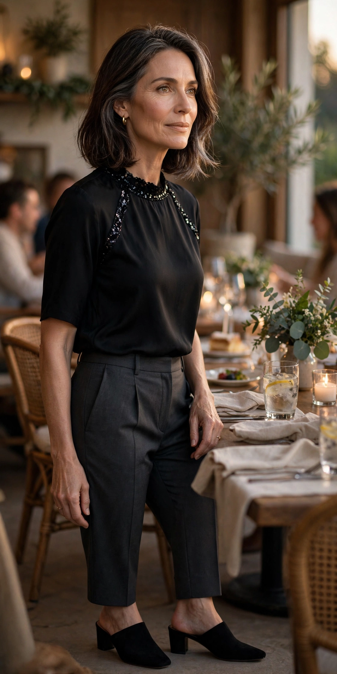 Woman in her 50s in a black sequin-trim top and tailored trousers at an evening birthday party