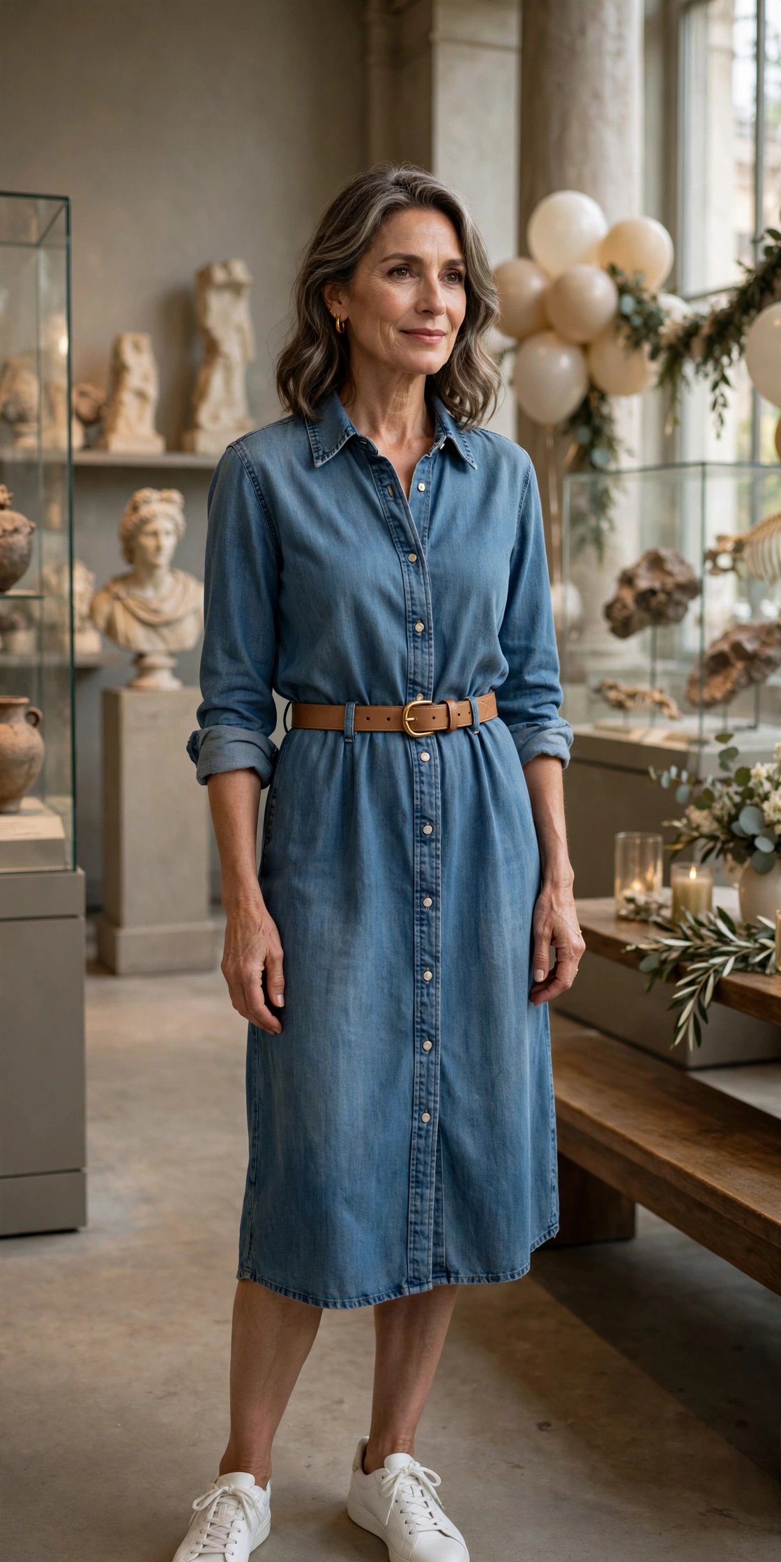 Woman in her 50s in a denim shirt dress, tan belt and white sneakers at a museum birthday party