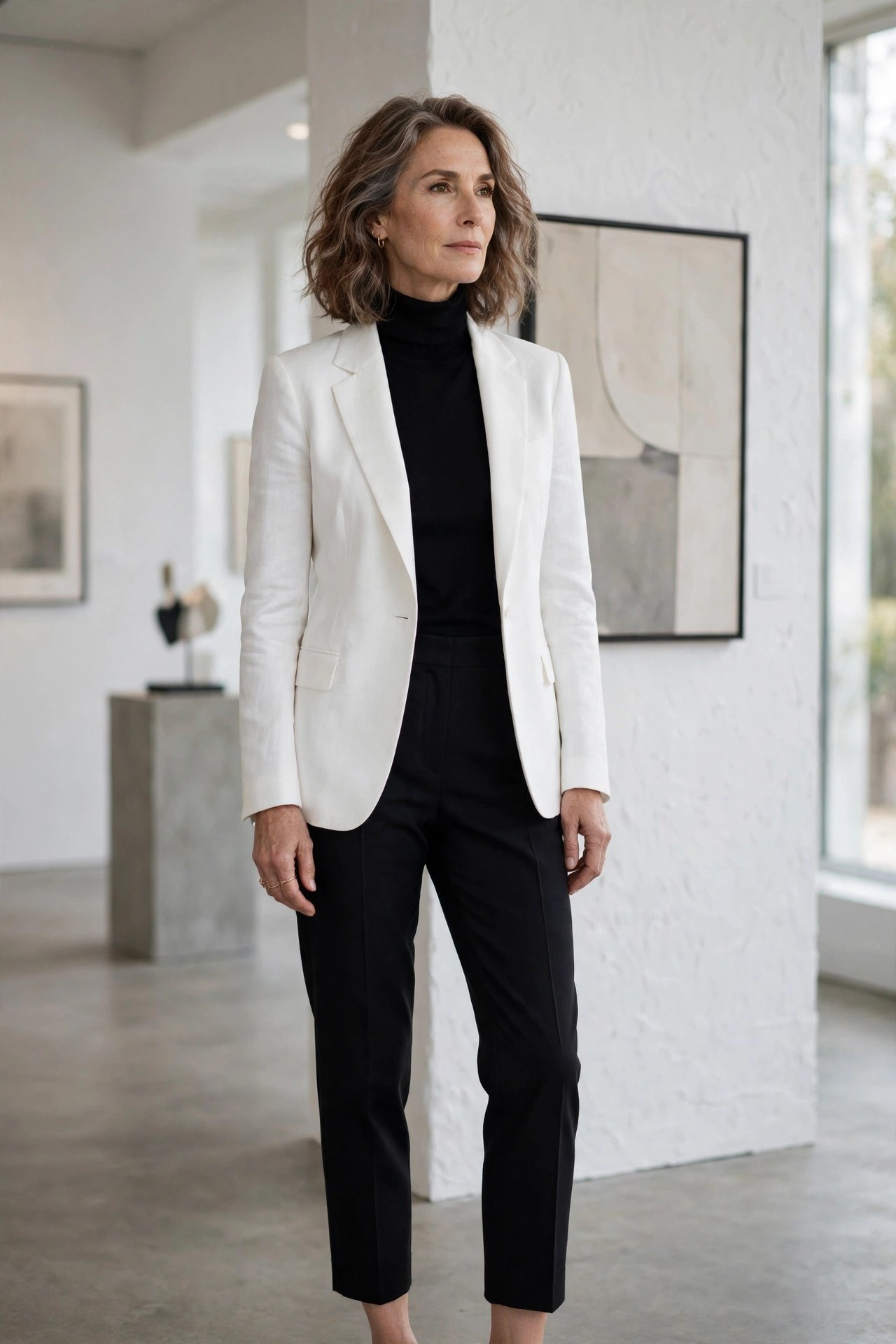 Elegant woman in her 50s wearing a white blazer with black turtleneck in an art gallery