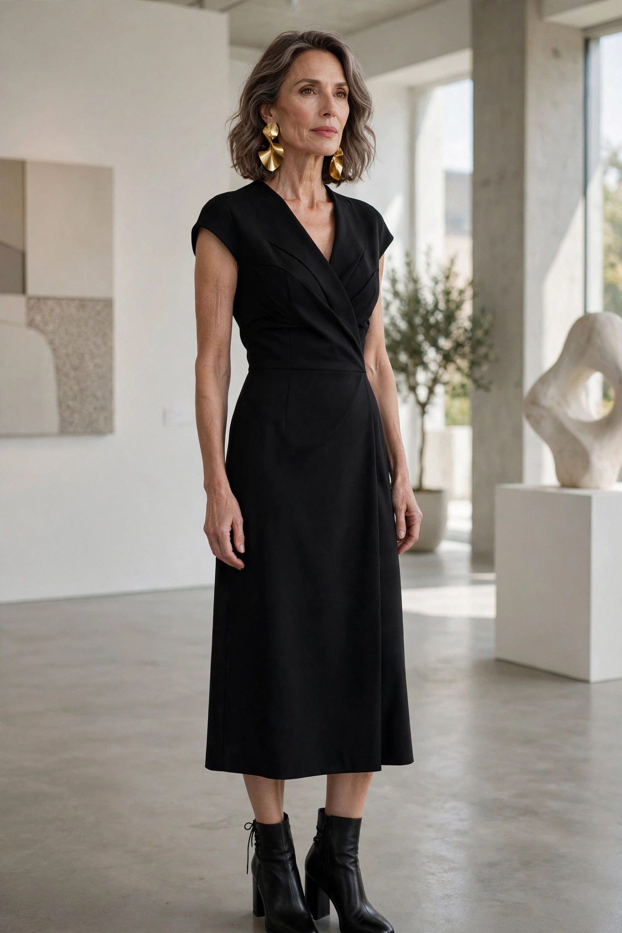 Elegant woman in her 50s wearing an all-black outfit with sculptural earrings in a gallery