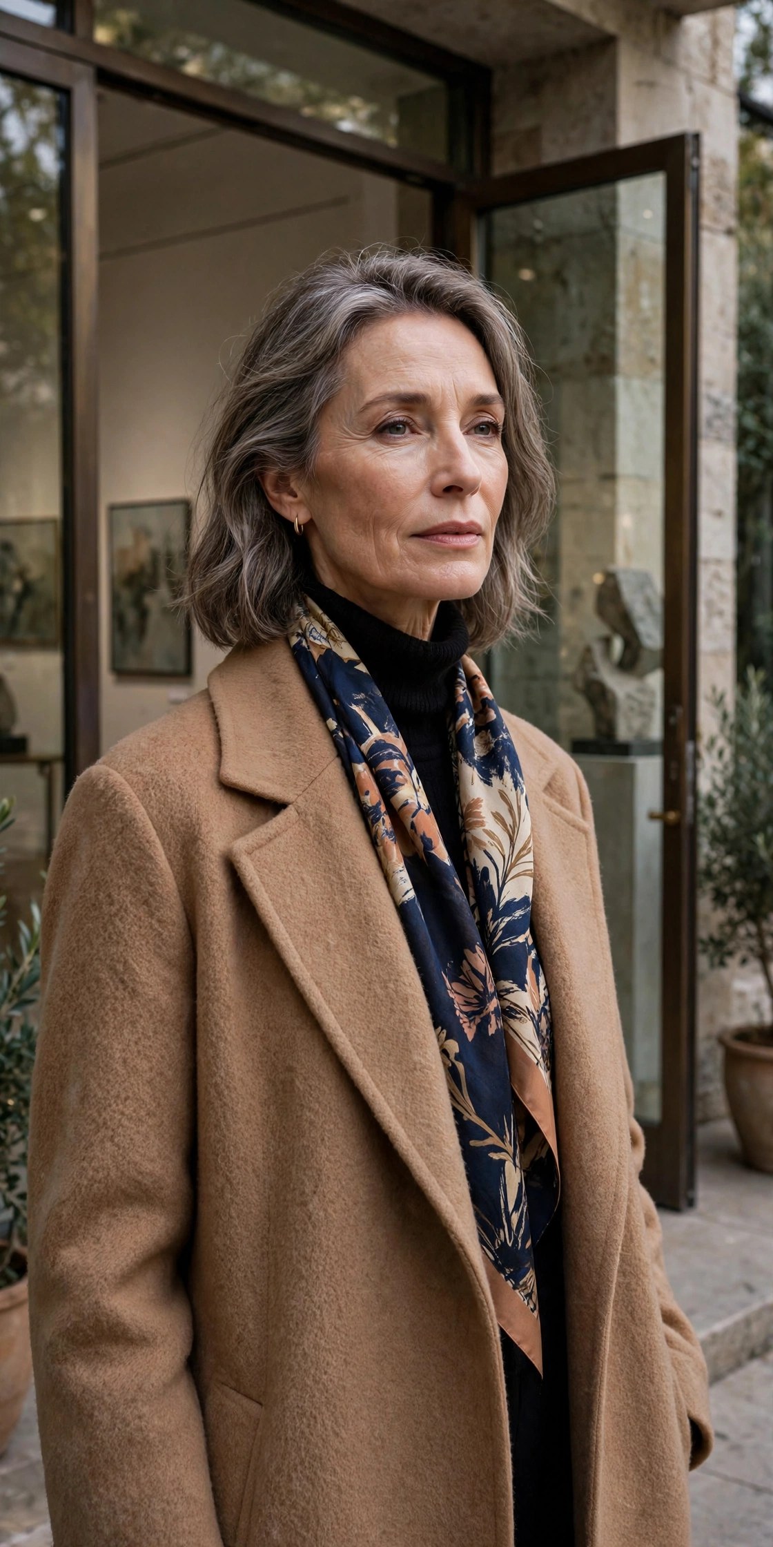 Elegant woman in her 50s wearing a camel coat with a printed silk scarf at a gallery entrance