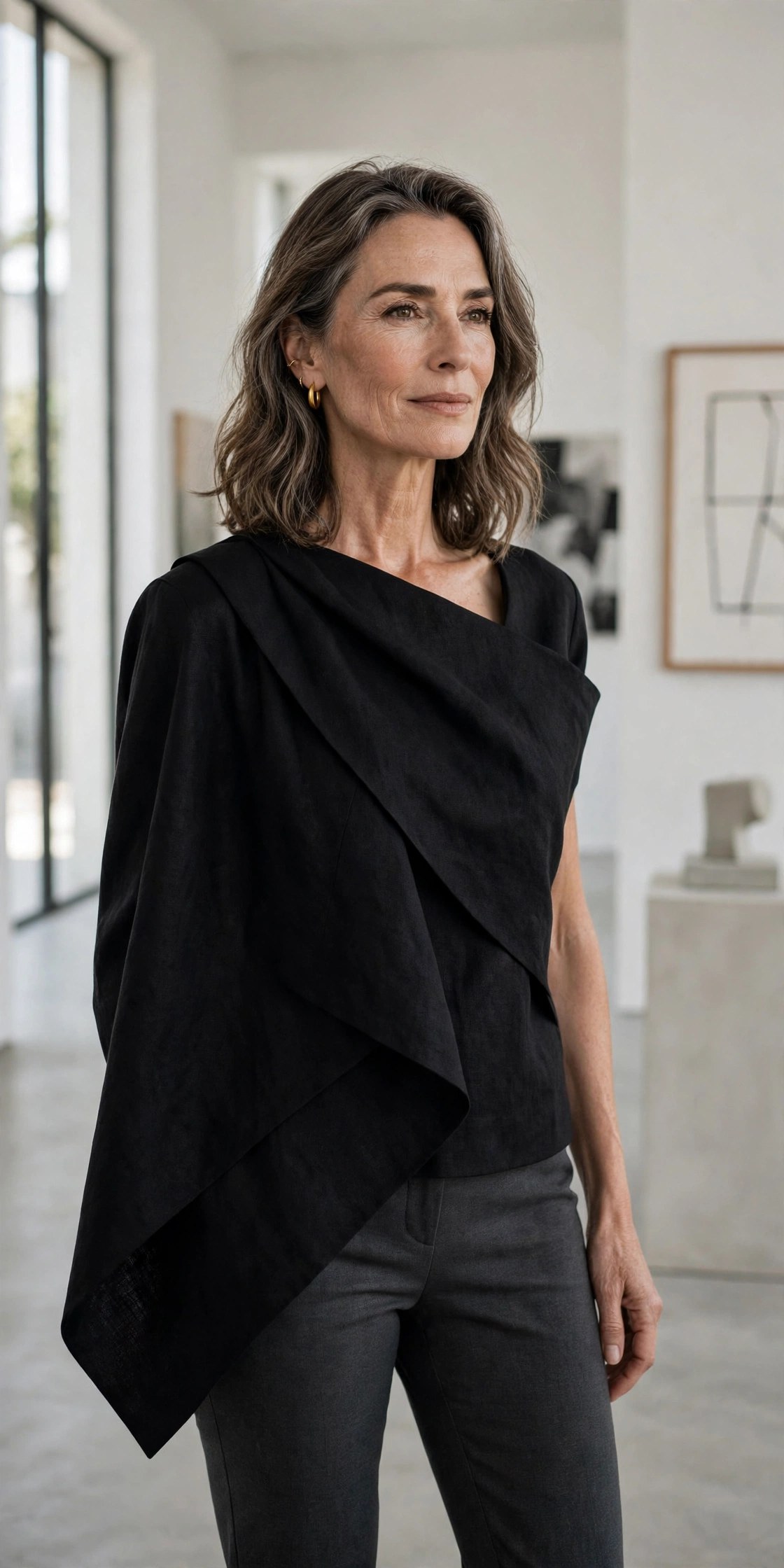 Elegant woman in her 50s wearing an asymmetric black top with slim pants in a gallery