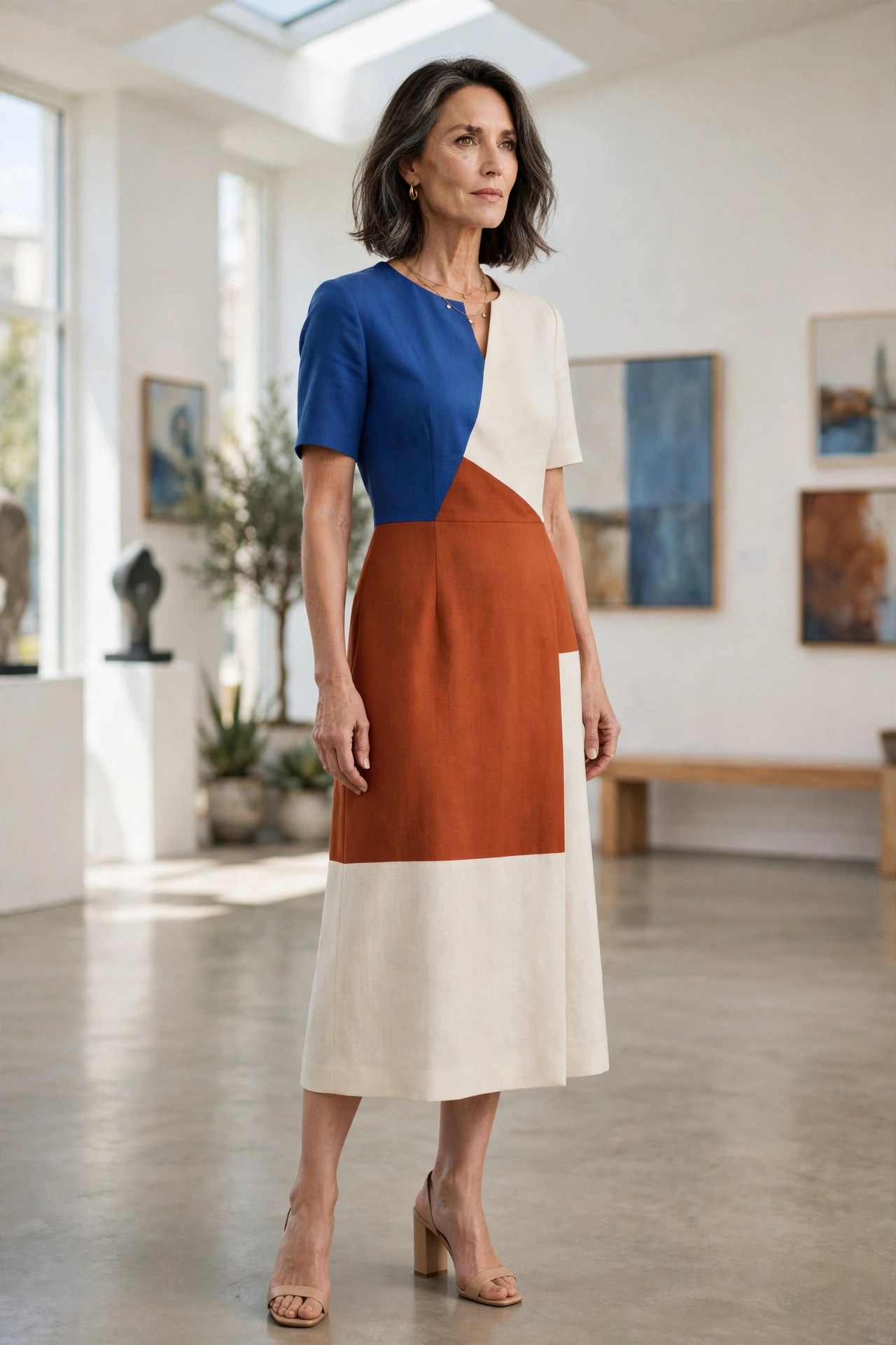 Elegant woman in her 50s wearing a color-block midi dress in a bright gallery