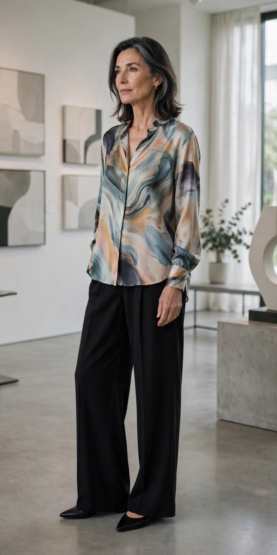 Elegant woman in her 50s wearing an abstract-print silk blouse with dark trousers in a gallery