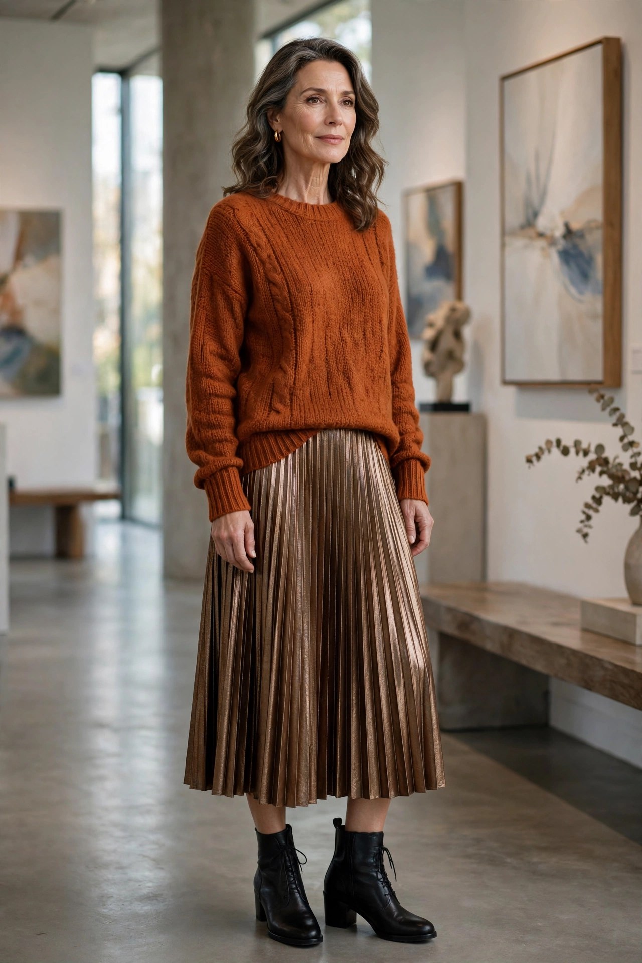 Elegant woman in her 50s wearing a burnt-orange sweater with a metallic pleated skirt in a gallery