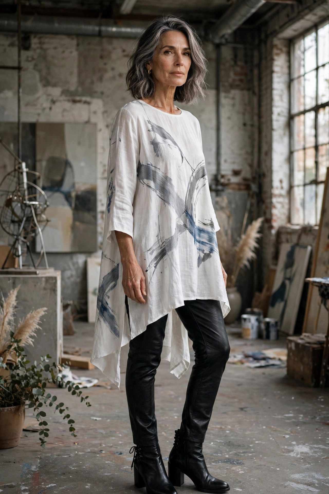 Elegant woman in her 50s wearing black leather-look pants with a white tunic in an edgy gallery