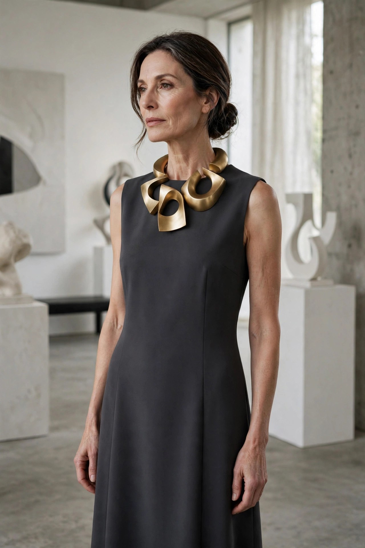 Elegant woman in her 50s wearing a charcoal minimalist dress with a bold necklace in a gallery