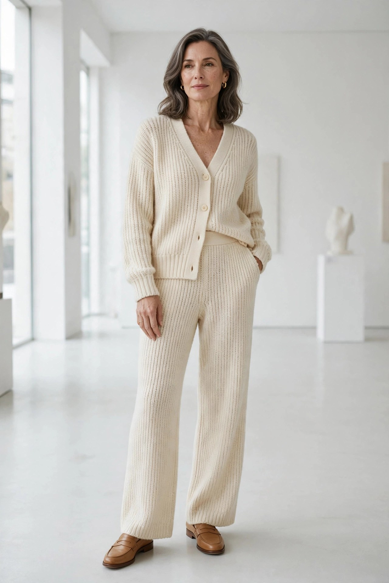Elegant woman in her 50s wearing a cream knit co-ord set in a white gallery