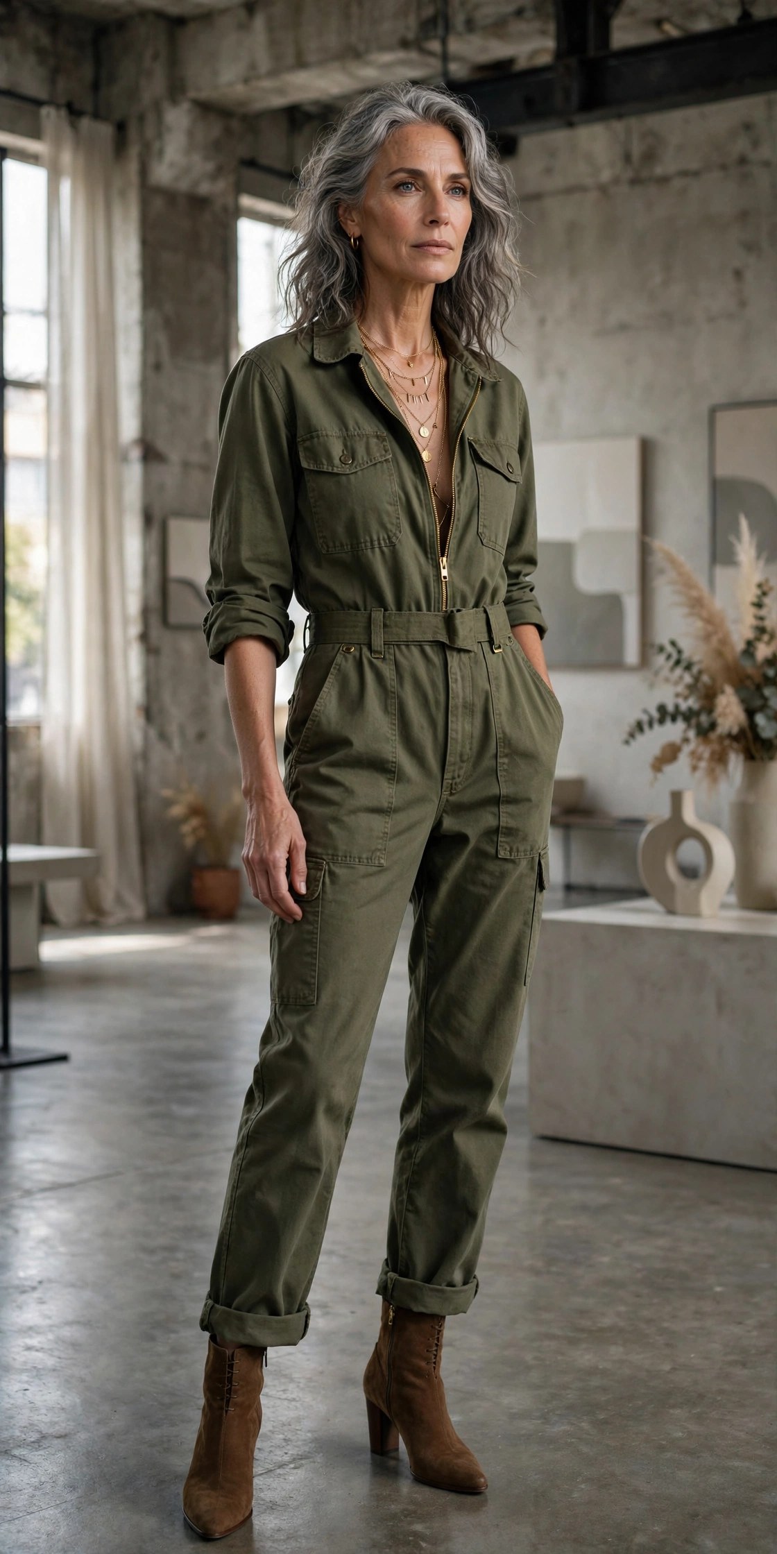 Elegant woman in her 50s wearing an olive utility jumpsuit with heeled boots in an edgy gallery