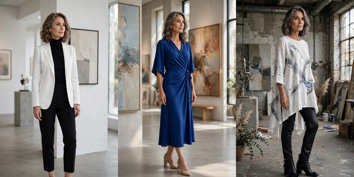 Chic art gallery opening outfits for women over 50: white blazer, cobalt dress, leather-look pants