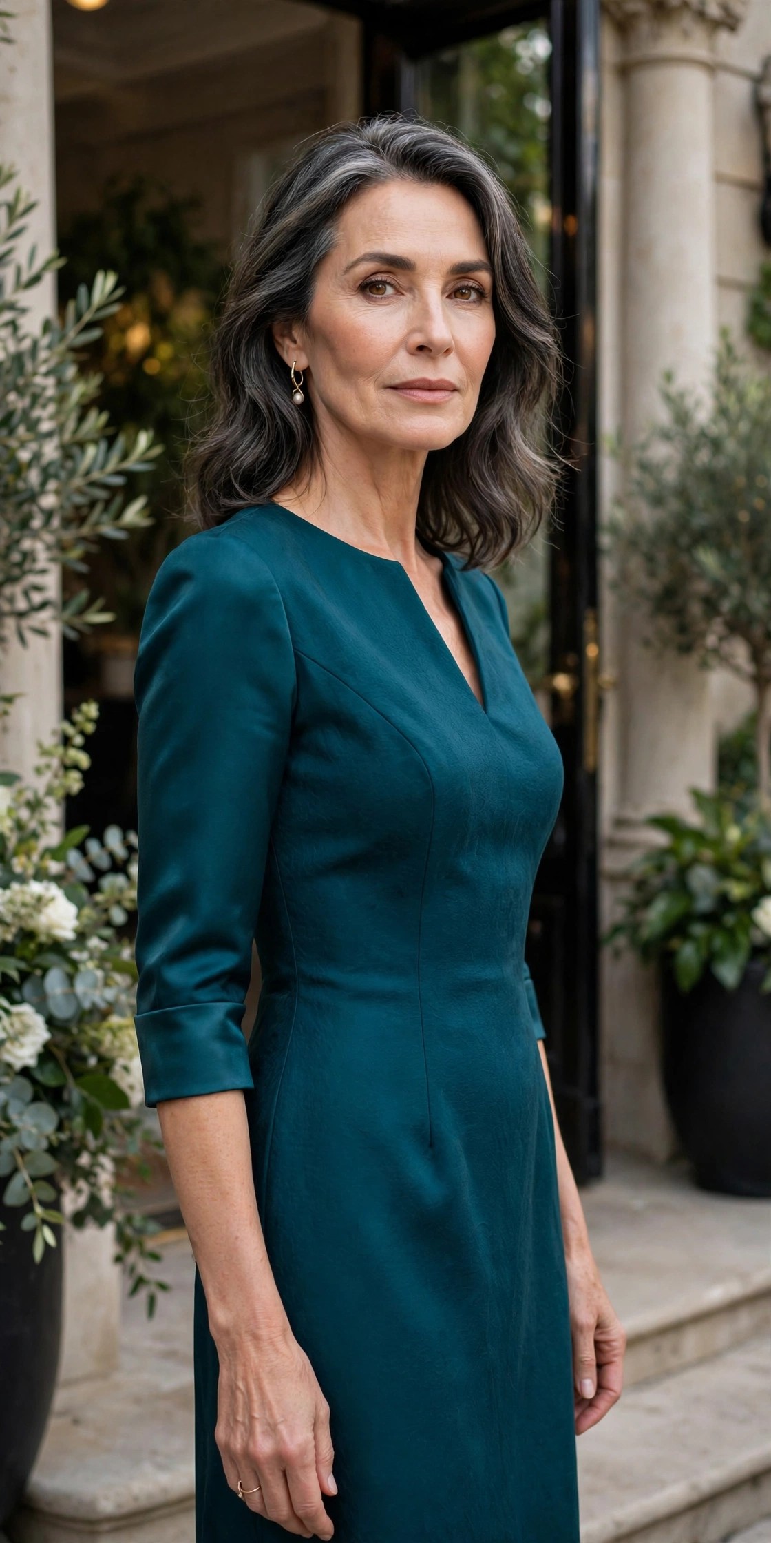 Woman over 50 in a teal cocktail dress at an elegant event venue
