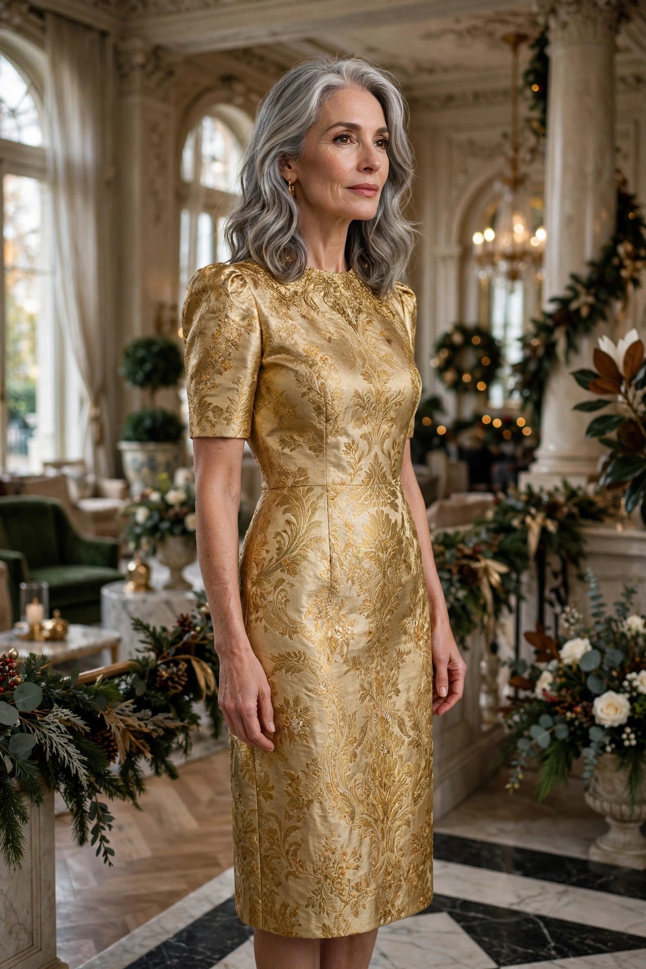 Woman over 50 wearing a gold brocade midi dress in a ballroom lobby