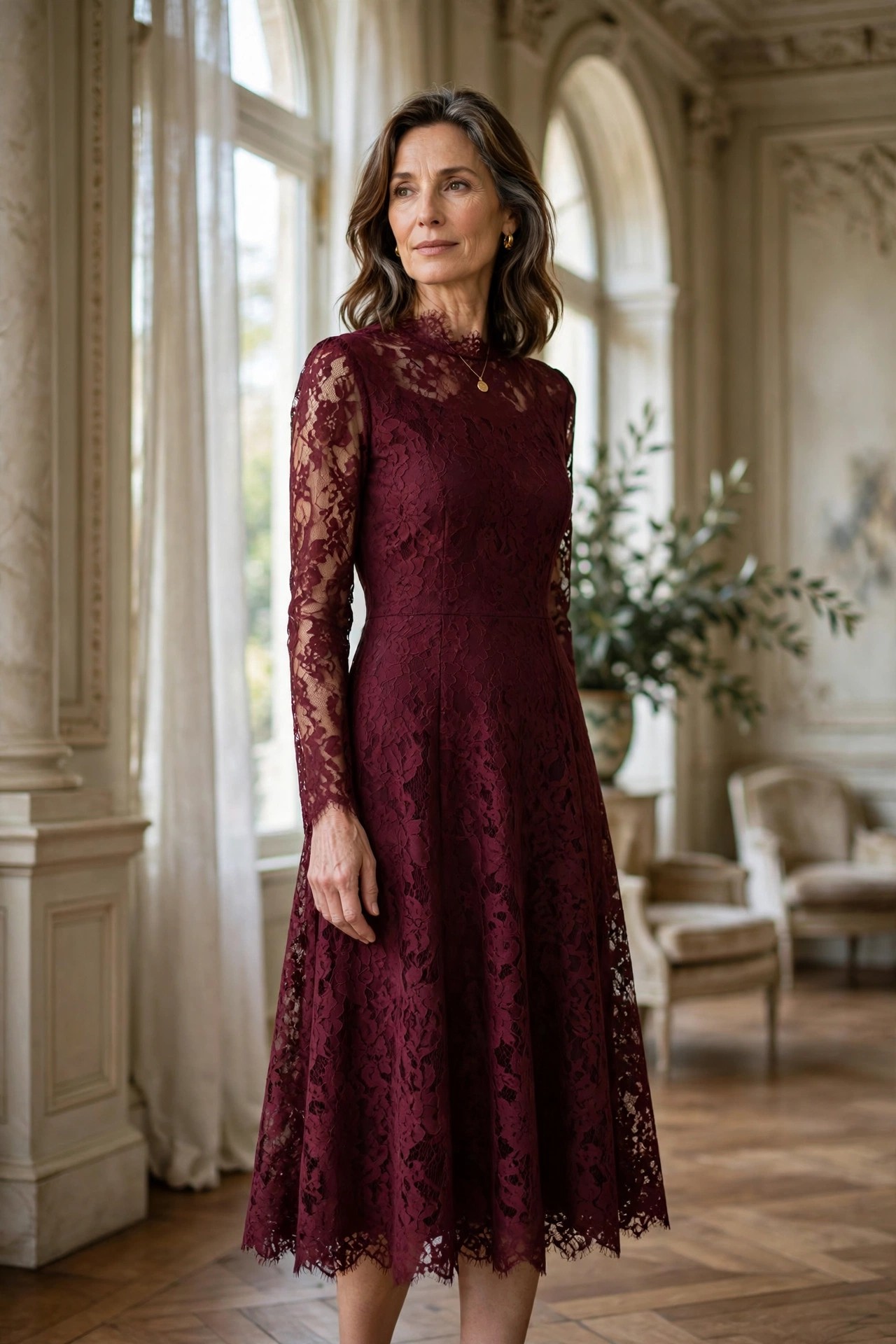 Woman over 50 wearing a burgundy lace midi dress at an elegant venue