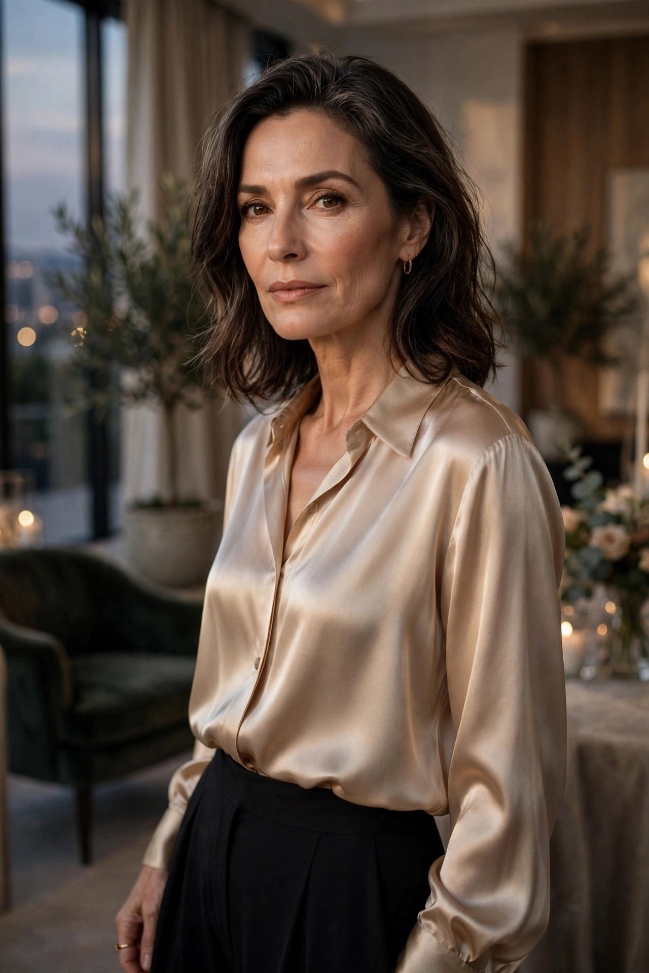 Woman over 50 in a champagne silk blouse with black palazzo pants