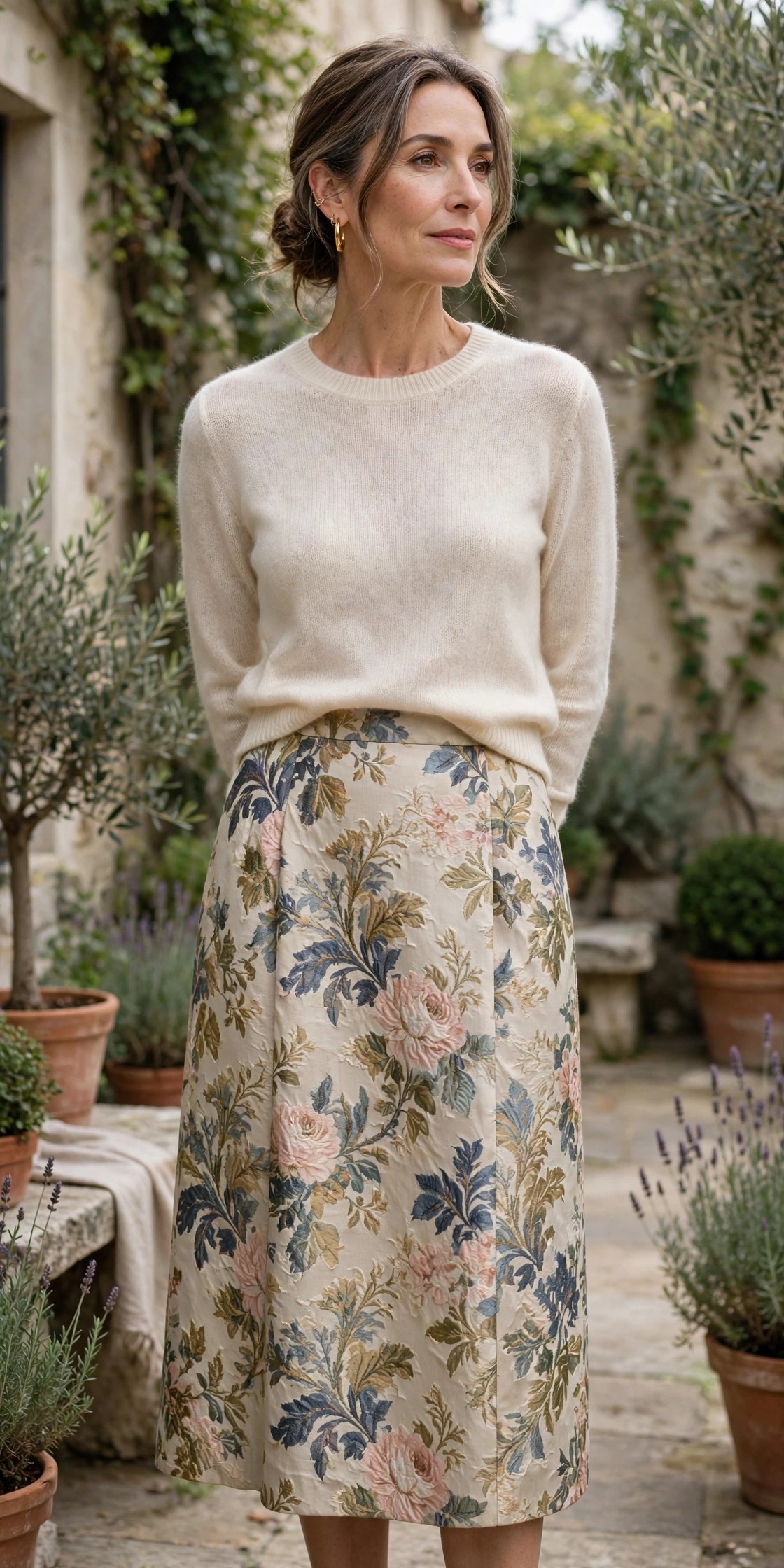 Woman over 50 wearing a floral jacquard skirt with a cream sweater