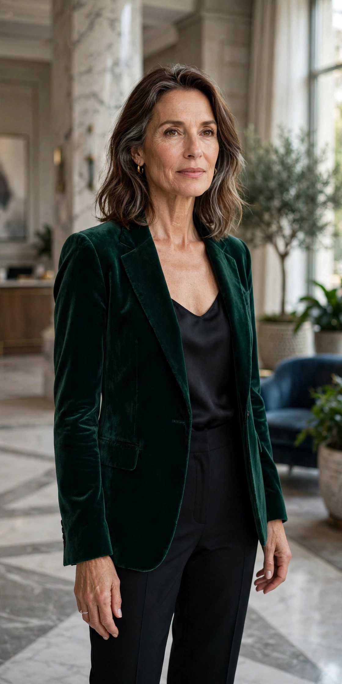 Woman over 50 in a velvet blazer with satin camisole and trousers