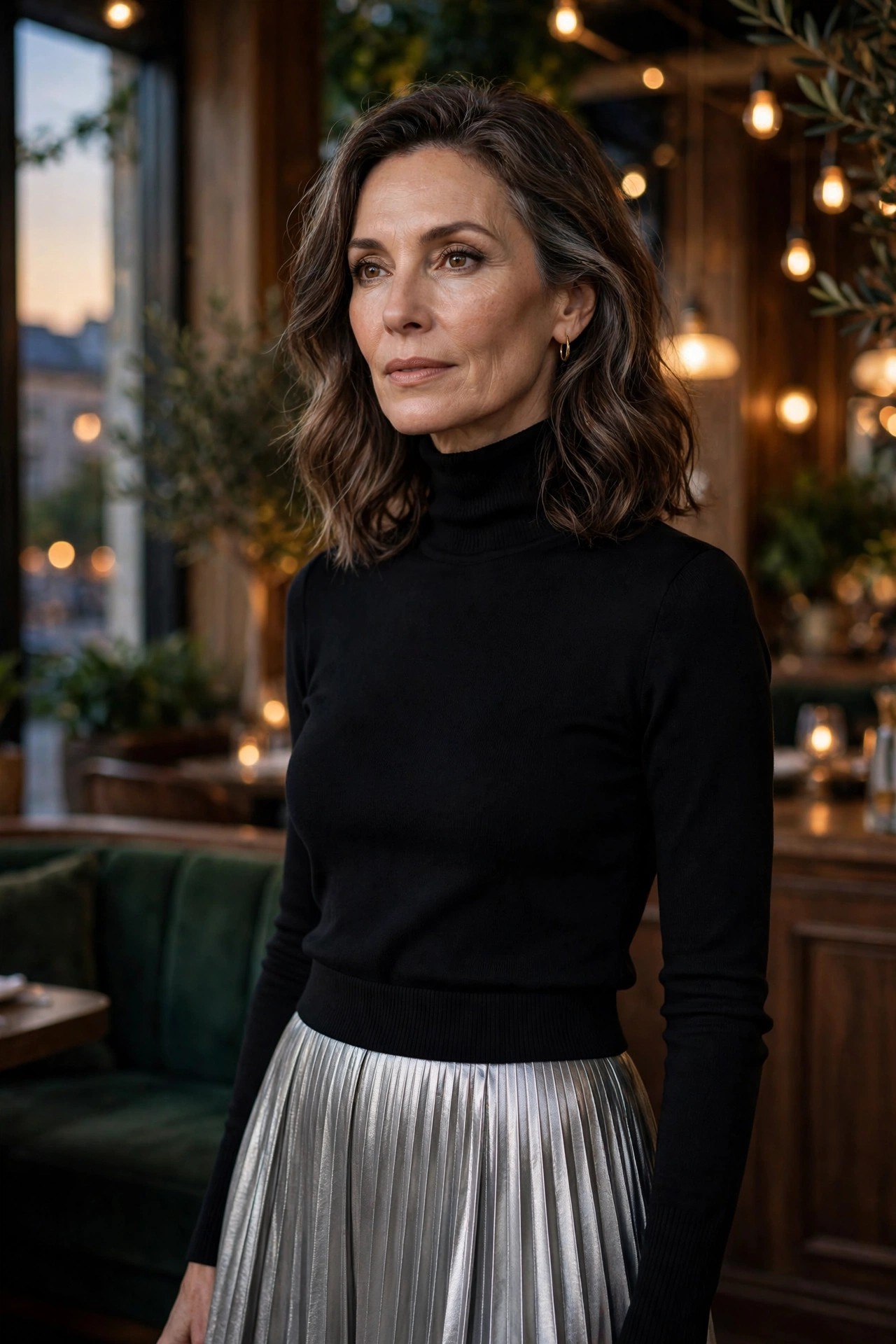 Woman over 50 wearing a silver pleated skirt with a black turtleneck