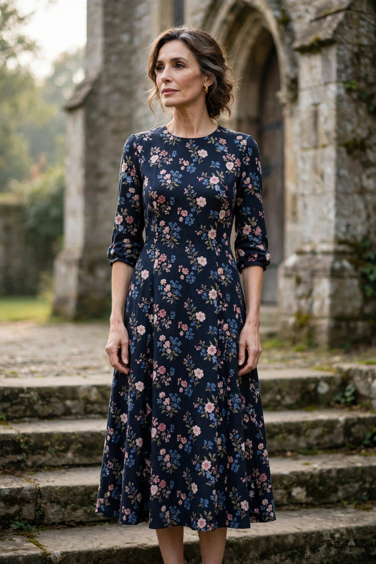 Woman over 50 in a navy floral tea dress with elbow sleeves on church steps