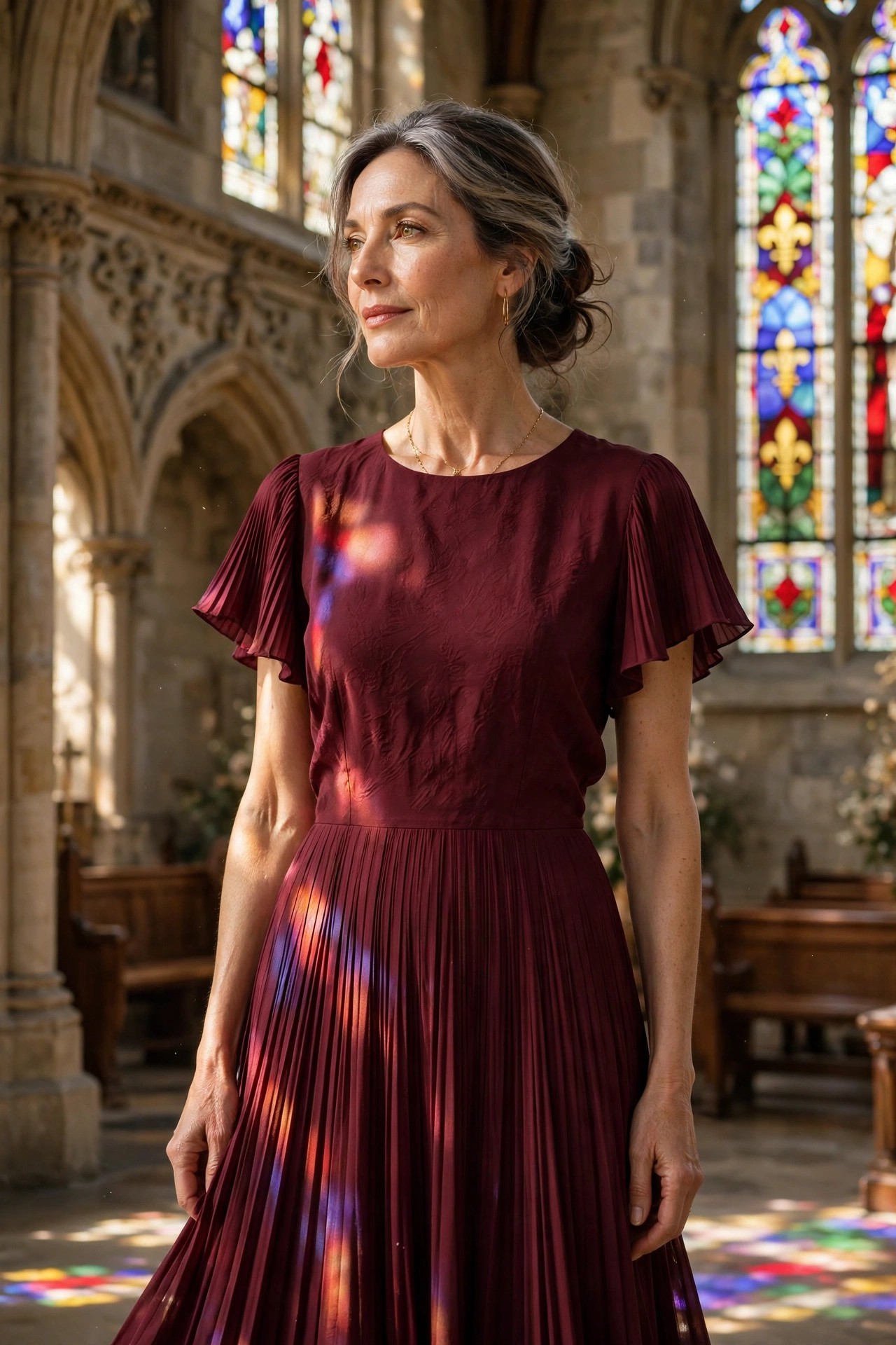 Woman over 50 in a burgundy pleated midi dress inside a church