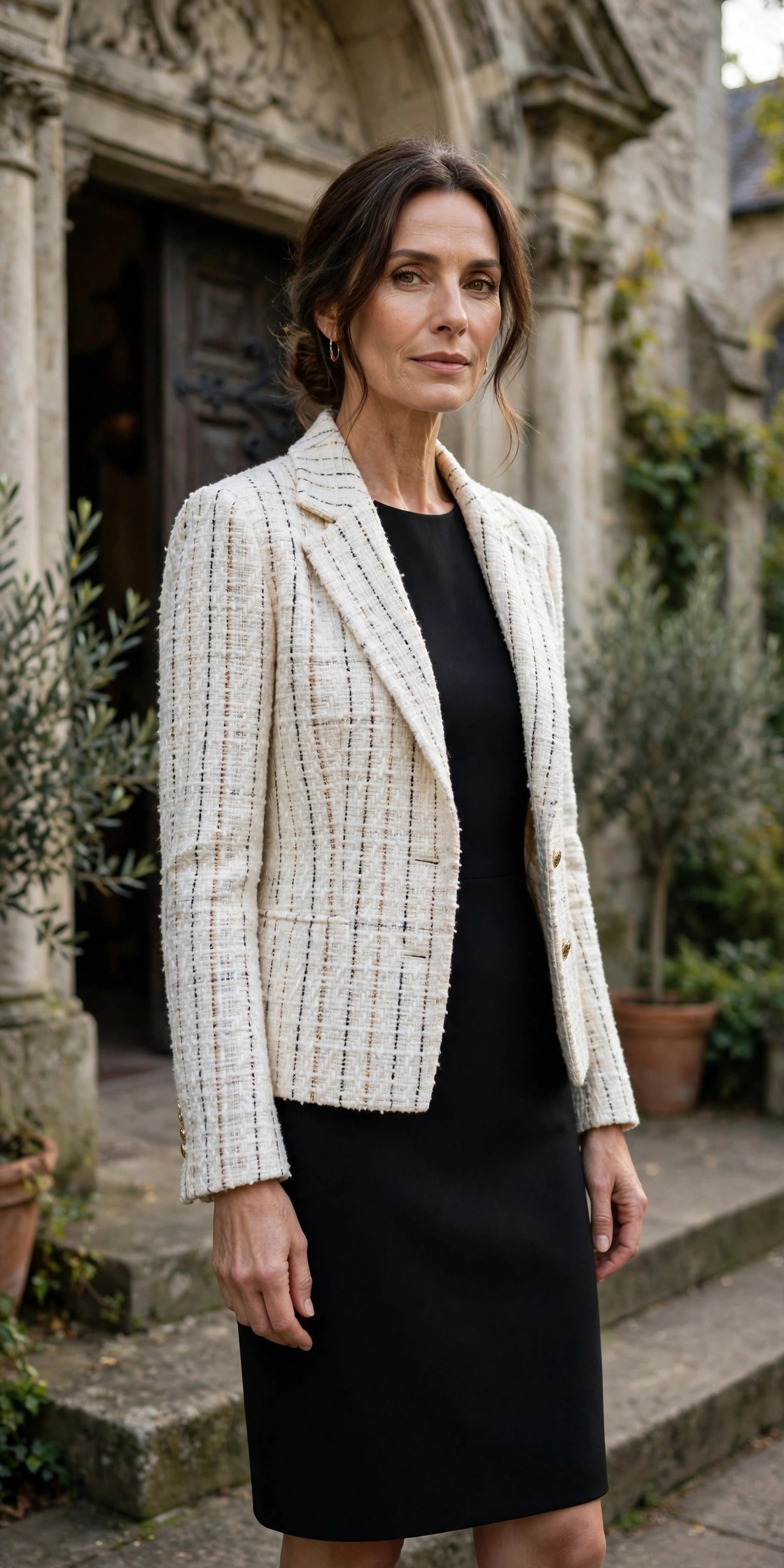 Woman over 50 wearing an ivory tweed jacket over a black sheath dress