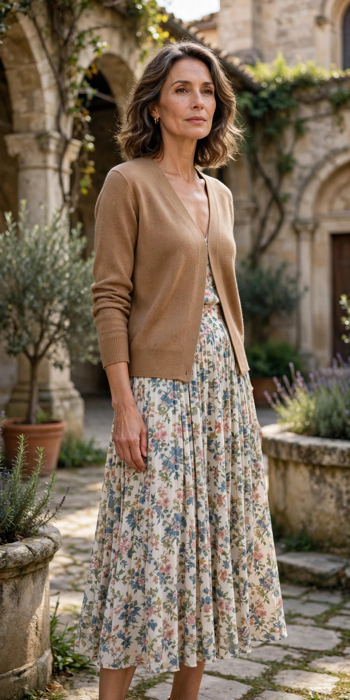 Woman over 50 wearing a camel cardigan over a floral midi skirt