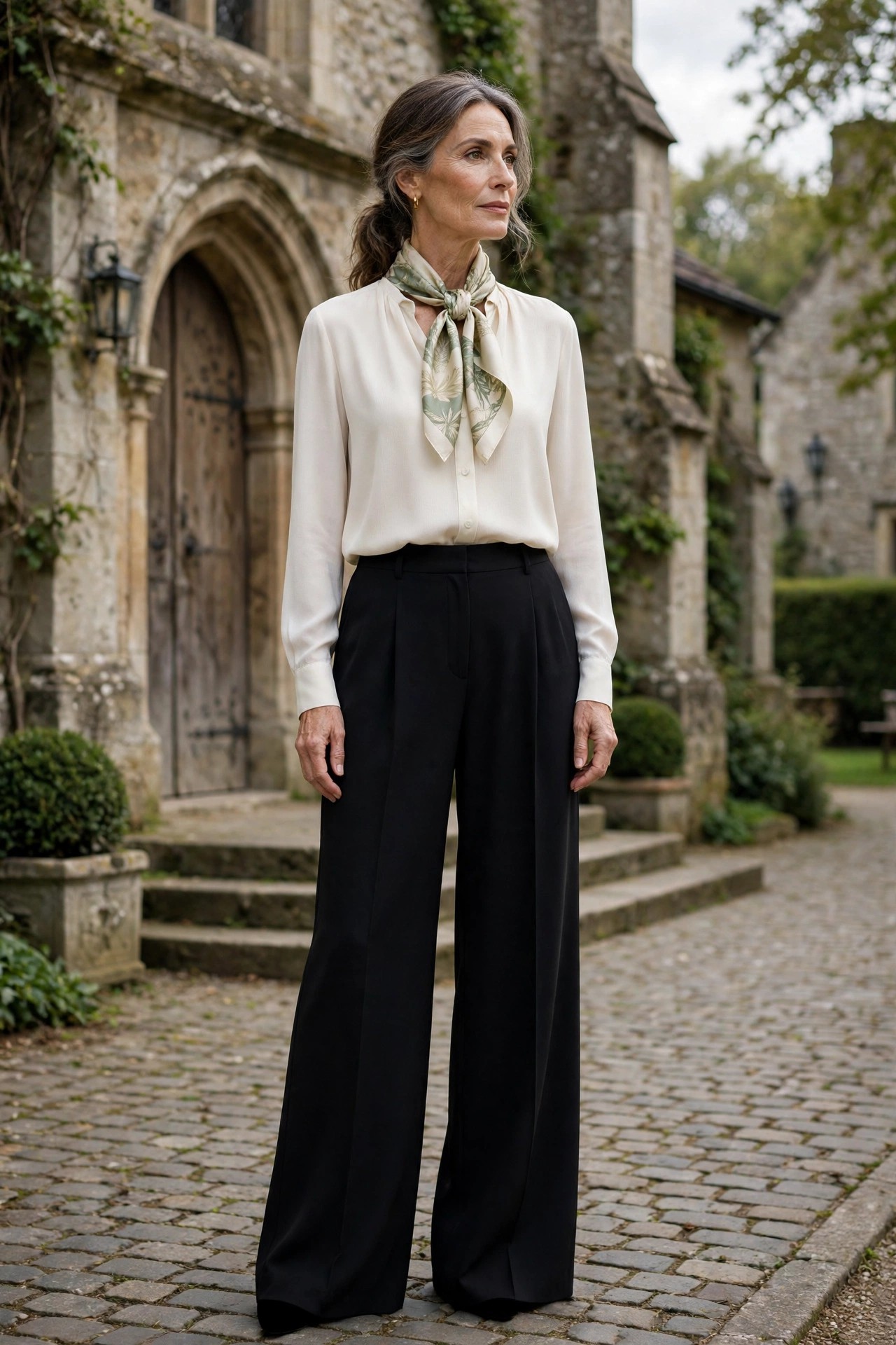 Woman over 50 wearing black wide-leg trousers with an ivory blouse and scarf