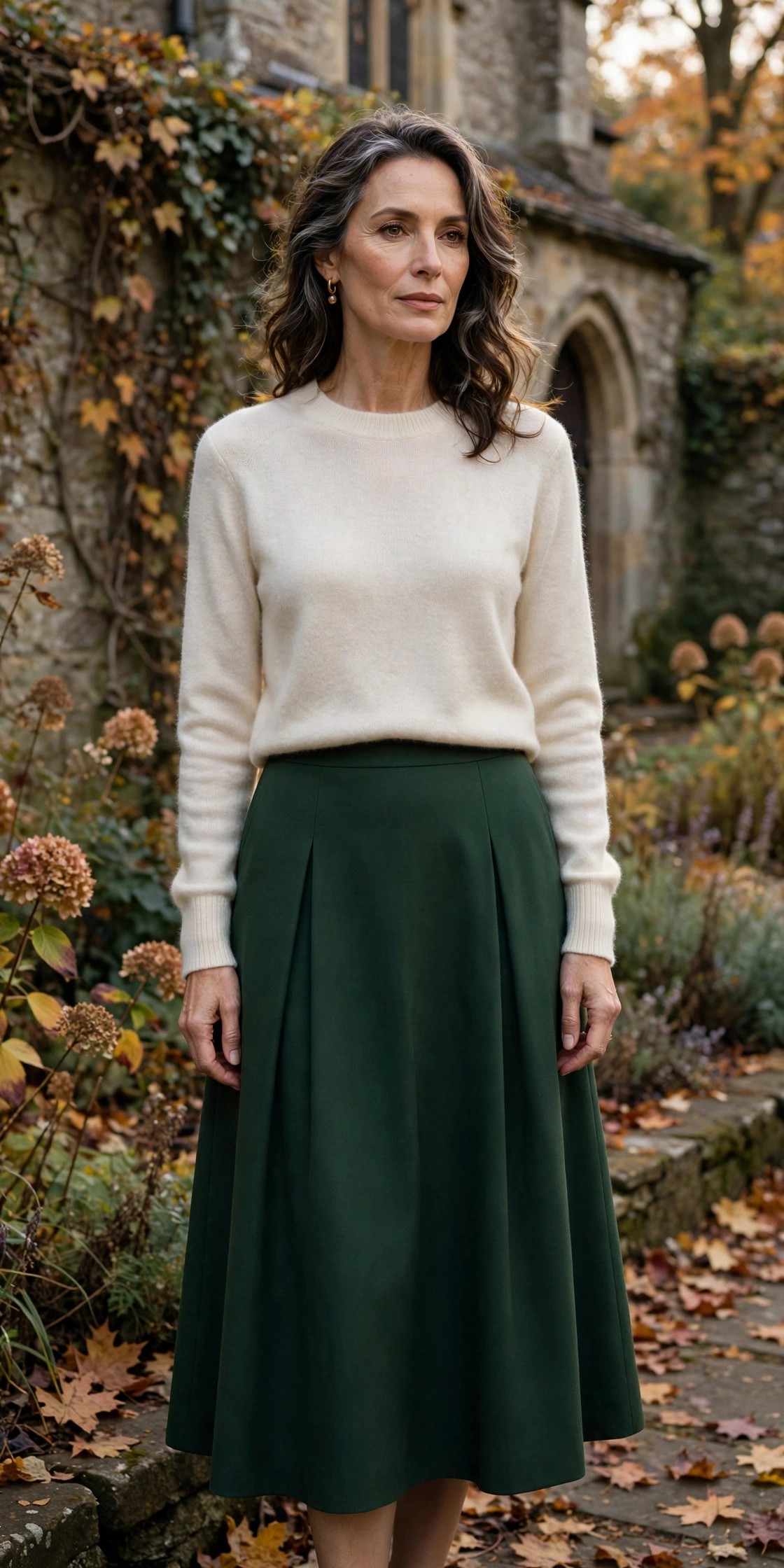Woman over 50 in a forest green A-line skirt and cream sweater