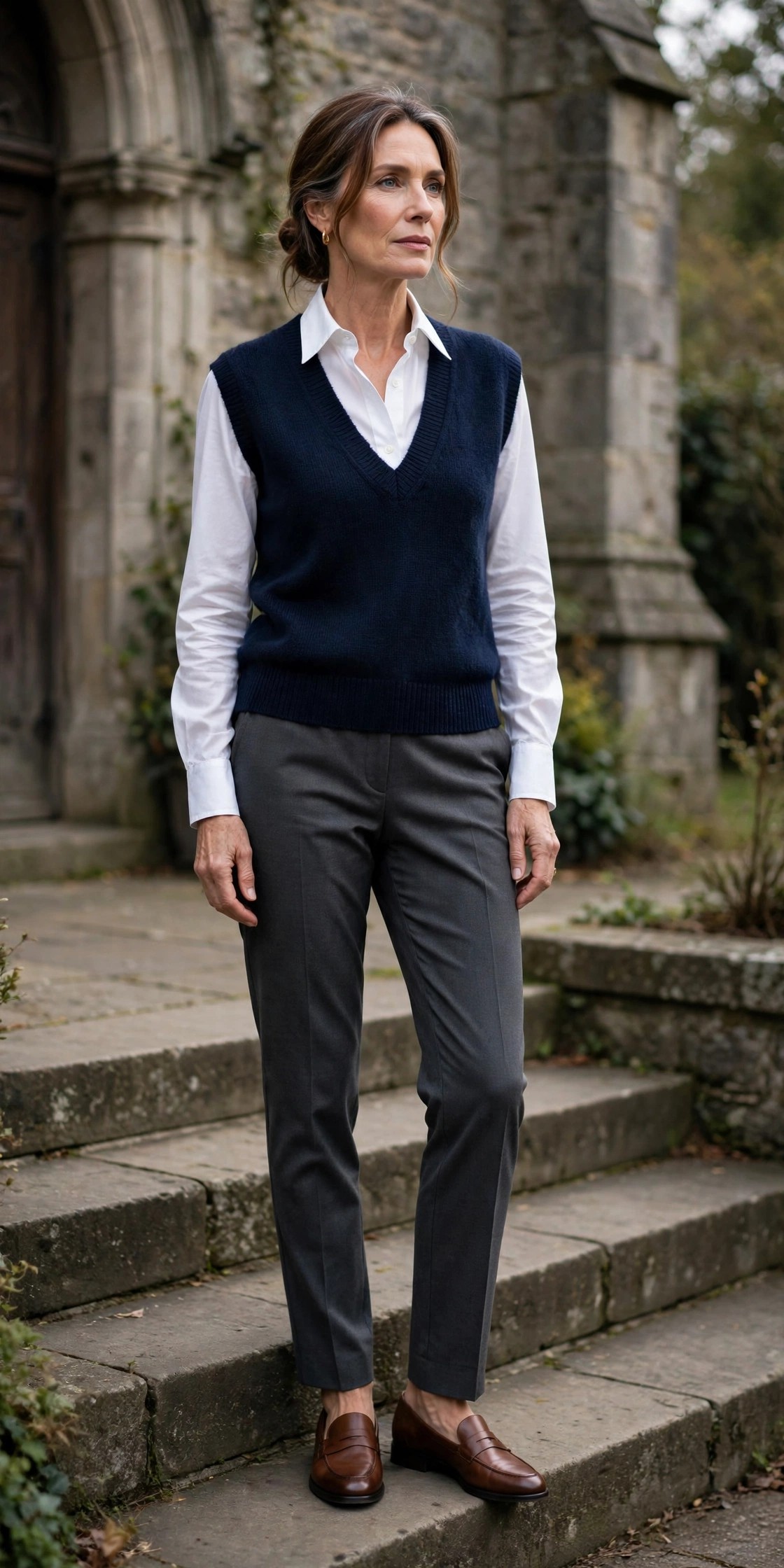 Woman over 50 wearing a white shirt with navy sweater vest and trousers