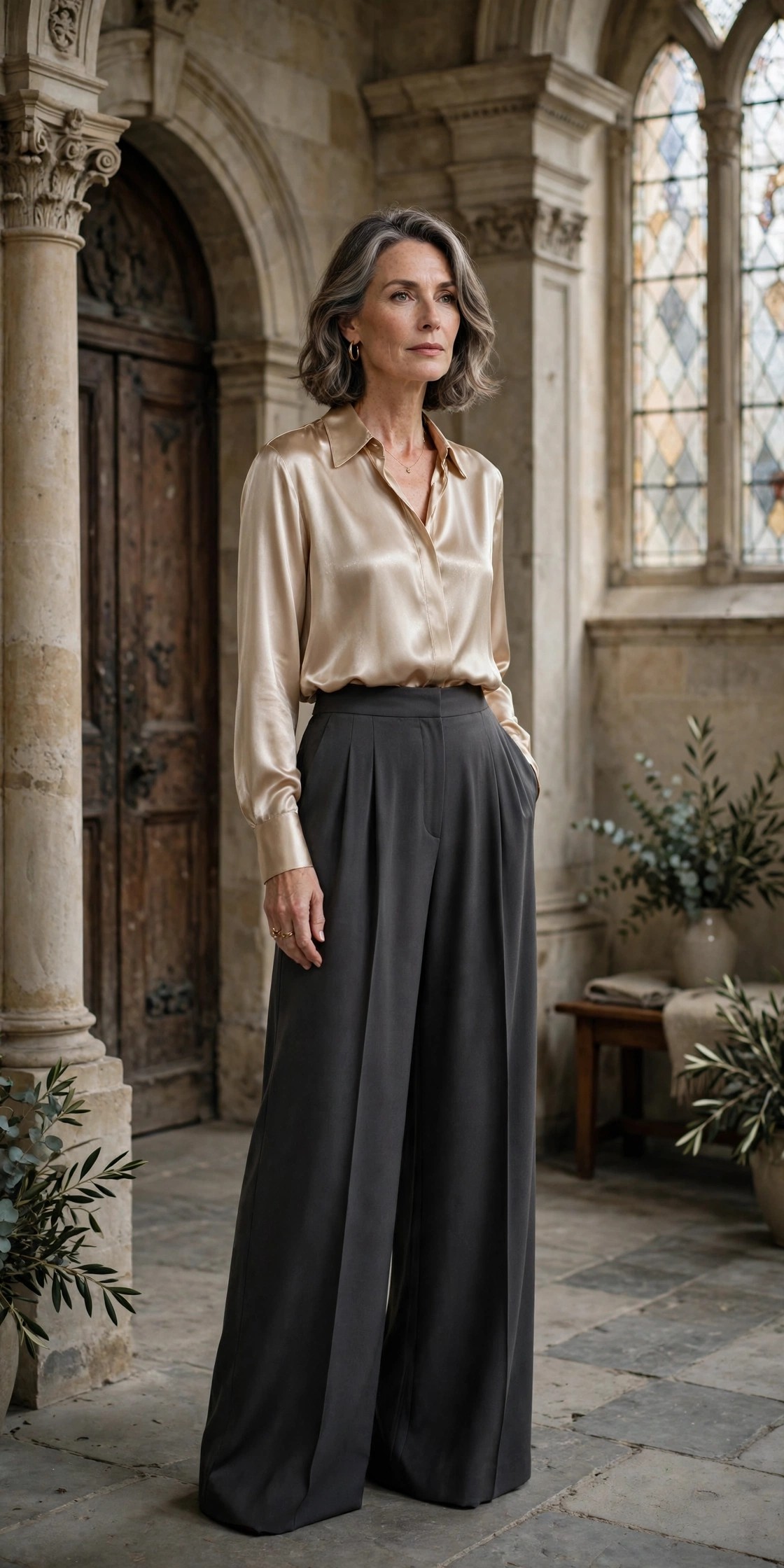 Woman over 50 in a champagne satin blouse and charcoal wide-leg trousers