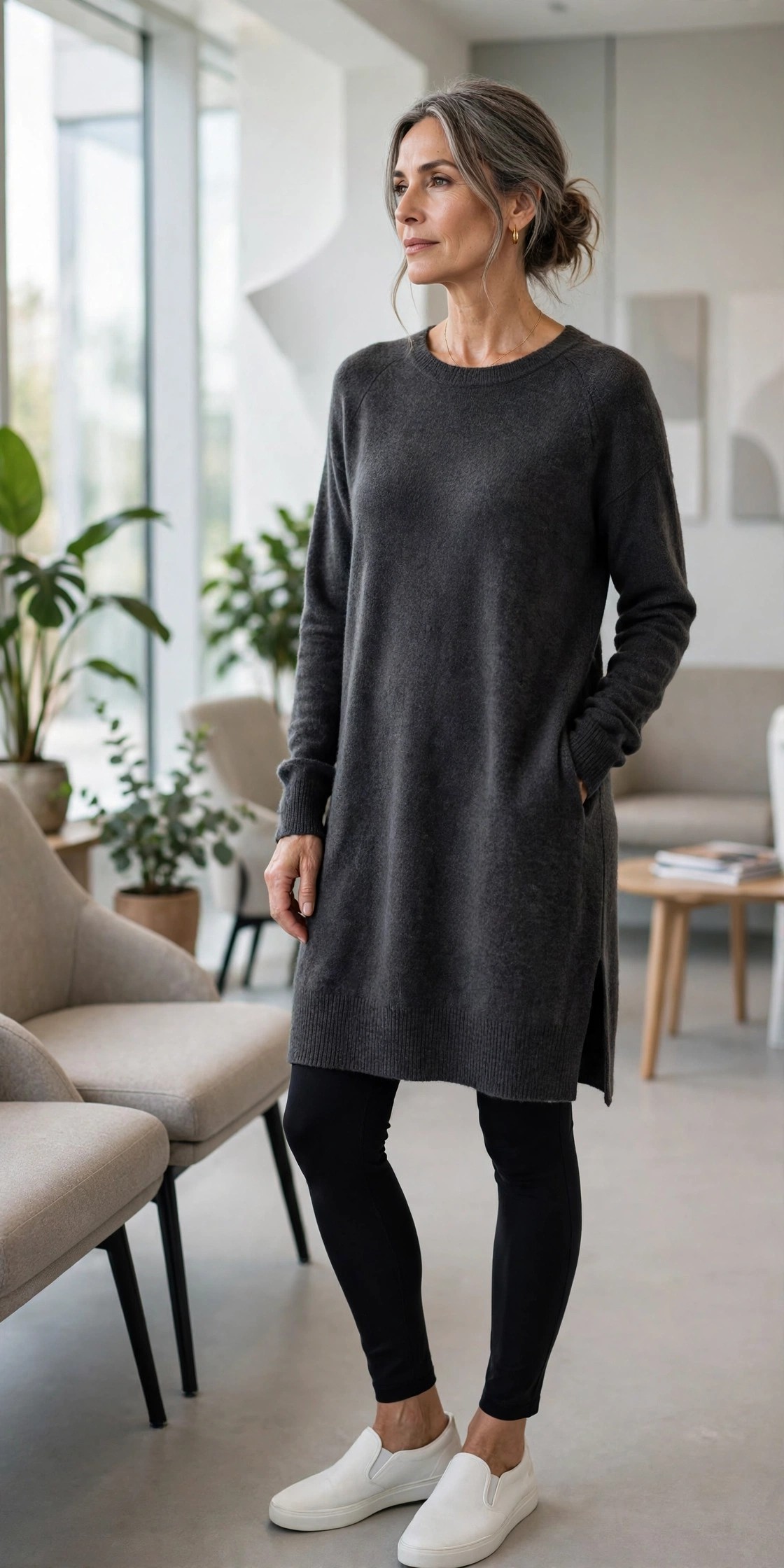 Woman over 50 in black ponte leggings and a charcoal tunic sweater in a clinic waiting room