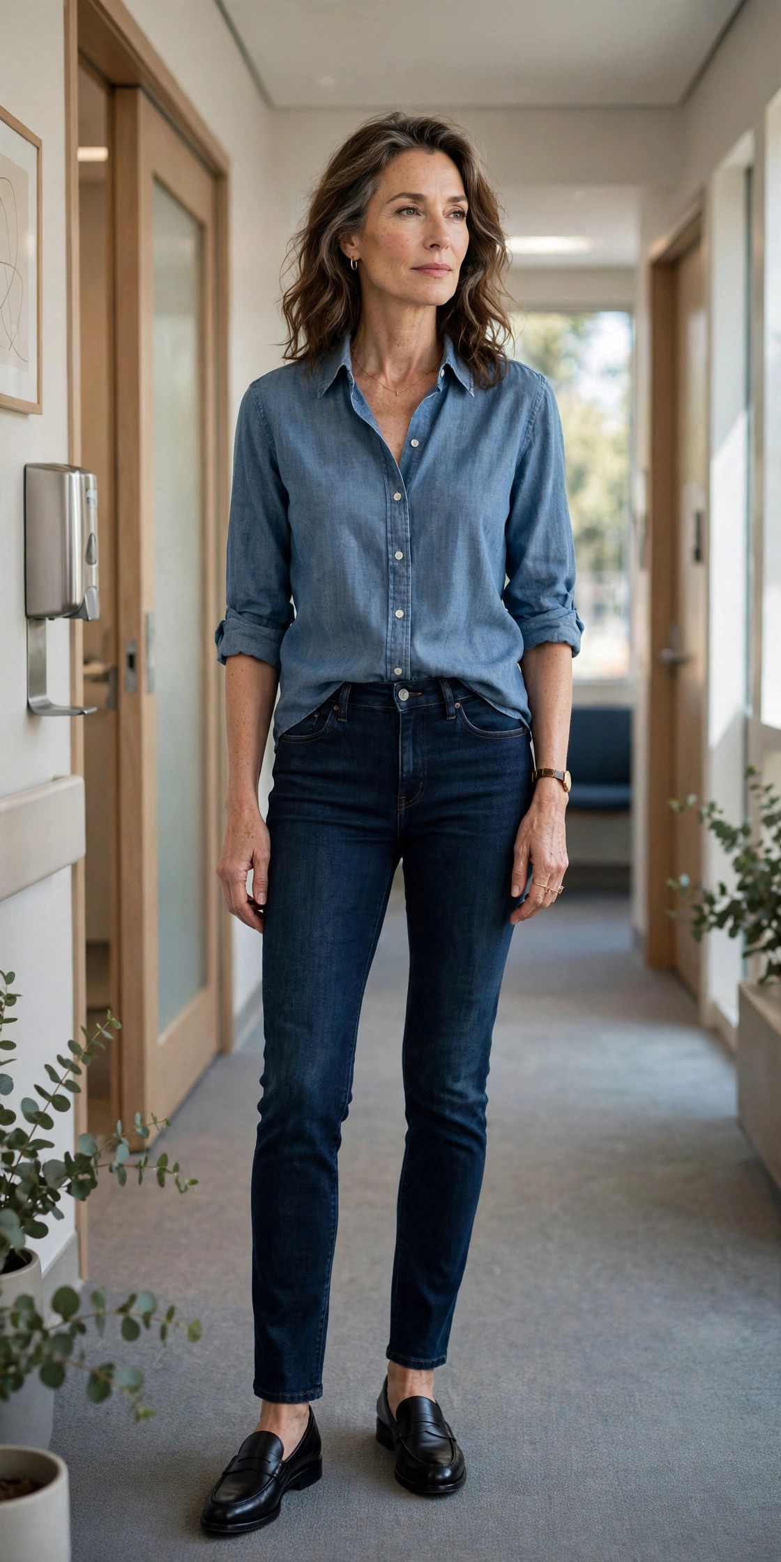 Woman over 50 in dark stretch jeans with a chambray button-down shirt