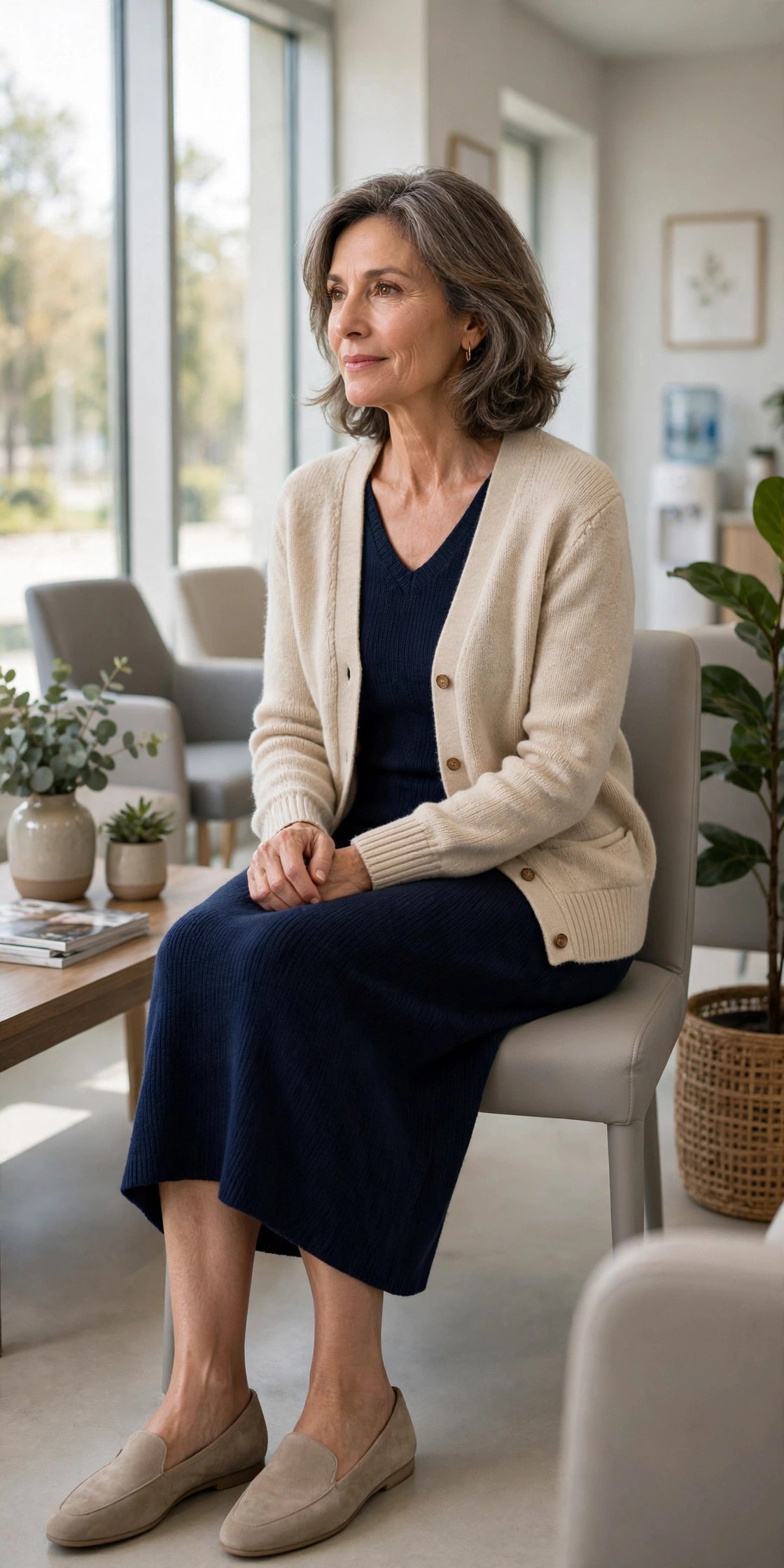 Woman over 50 wearing a navy knit midi dress with a cardigan