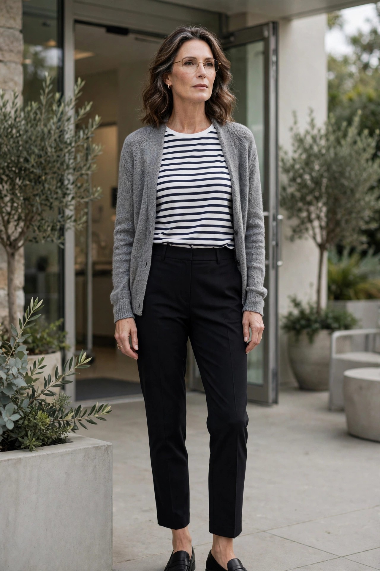 Woman over 50 in black pull-on trousers with a striped tee and cardigan