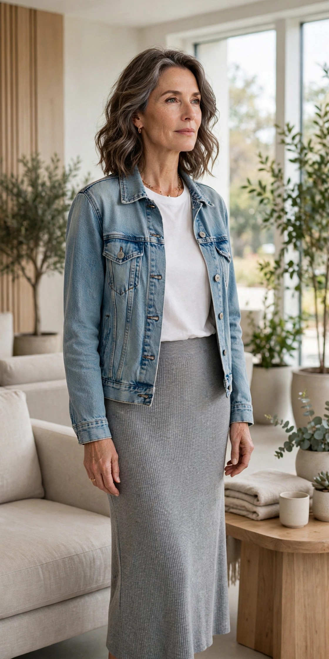 Woman over 50 wearing a gray jersey midi skirt with a white tee and denim jacket